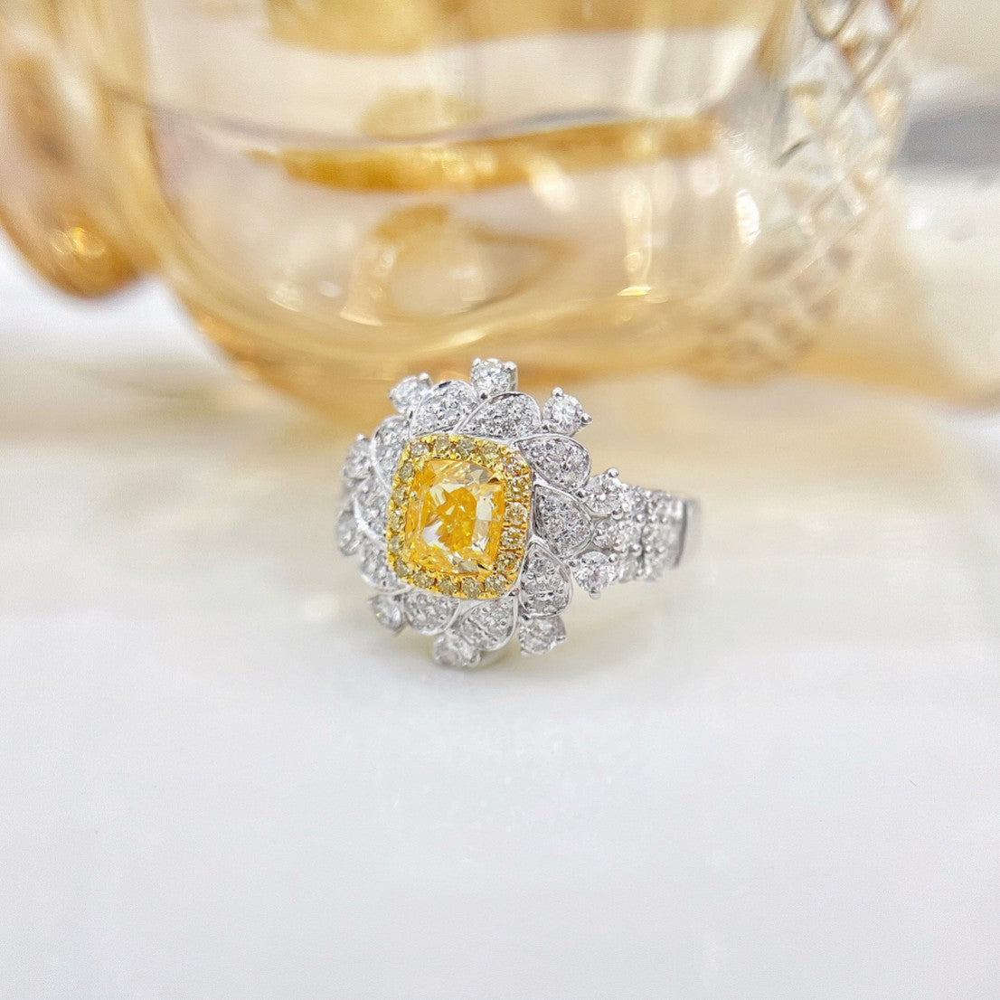 18K Yellow Gold Diamond Cushion Shape Rotating Wide Band Ring - Premium Jewelry - Yellow Diamond Ring