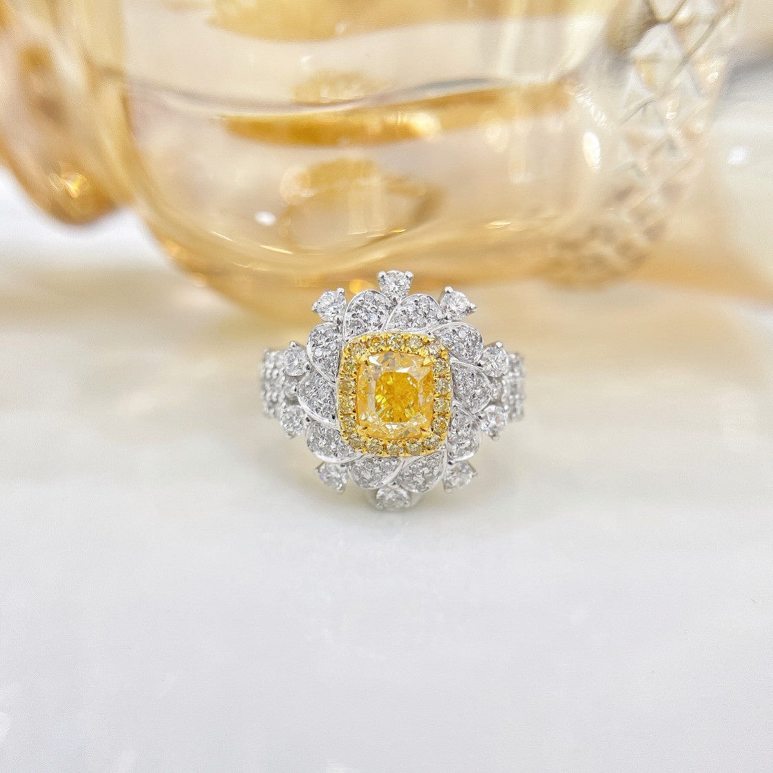 18K Yellow Gold Diamond Cushion Shape Rotating Wide Band Ring - Premium Jewelry - Yellow Diamond Ring