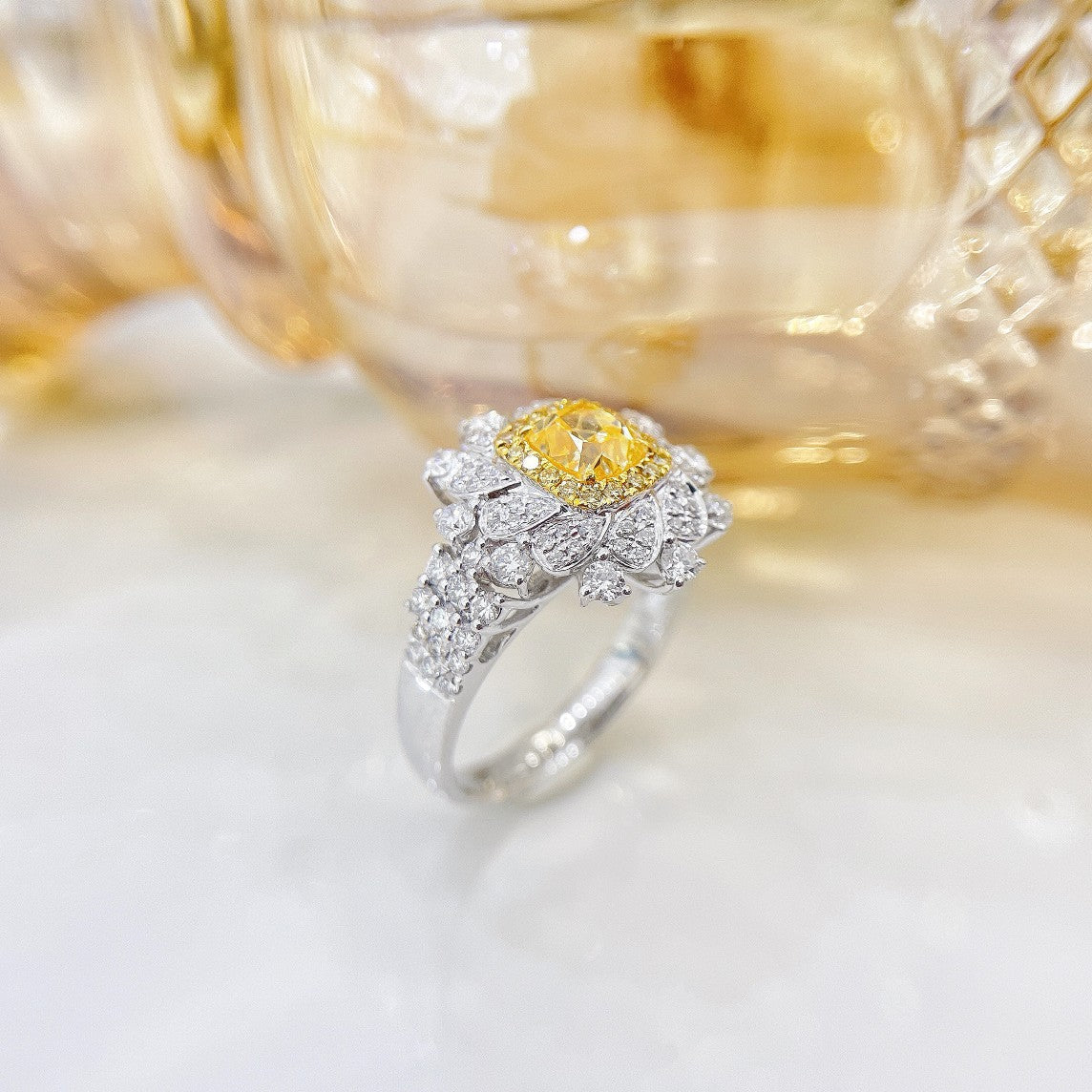 18K Yellow Gold Diamond Cushion Shape Rotating Wide Band Ring - Premium Jewelry - Yellow Diamond Ring