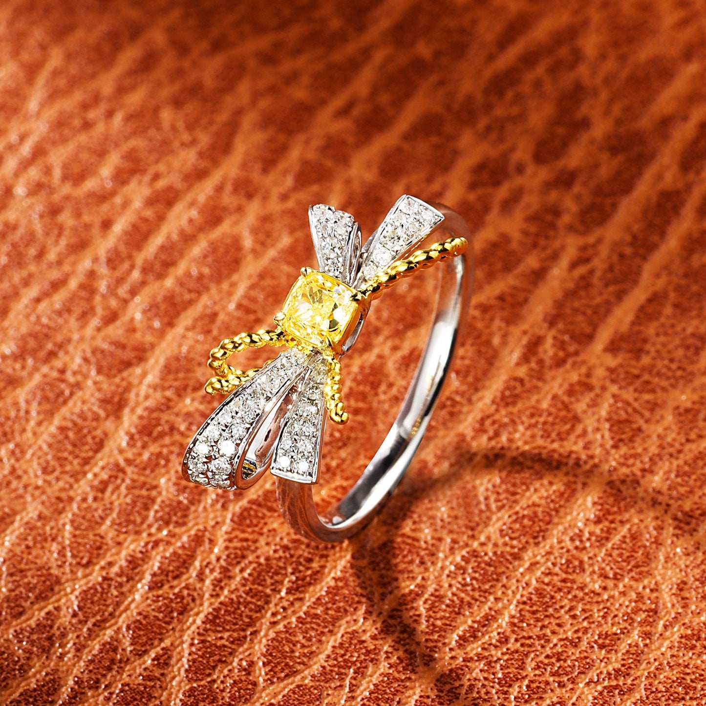 18K Yellow Gold Diamond Cushion-Shaped Bowknot Ring - Premium Jewelry - Yellow Diamond Ring