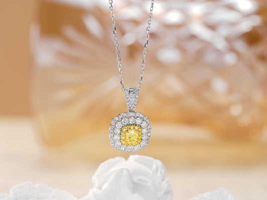 18K Yellow Gold Diamond Cushion-Shaped Double Halo Necklace - Yellow Diamond Necklace