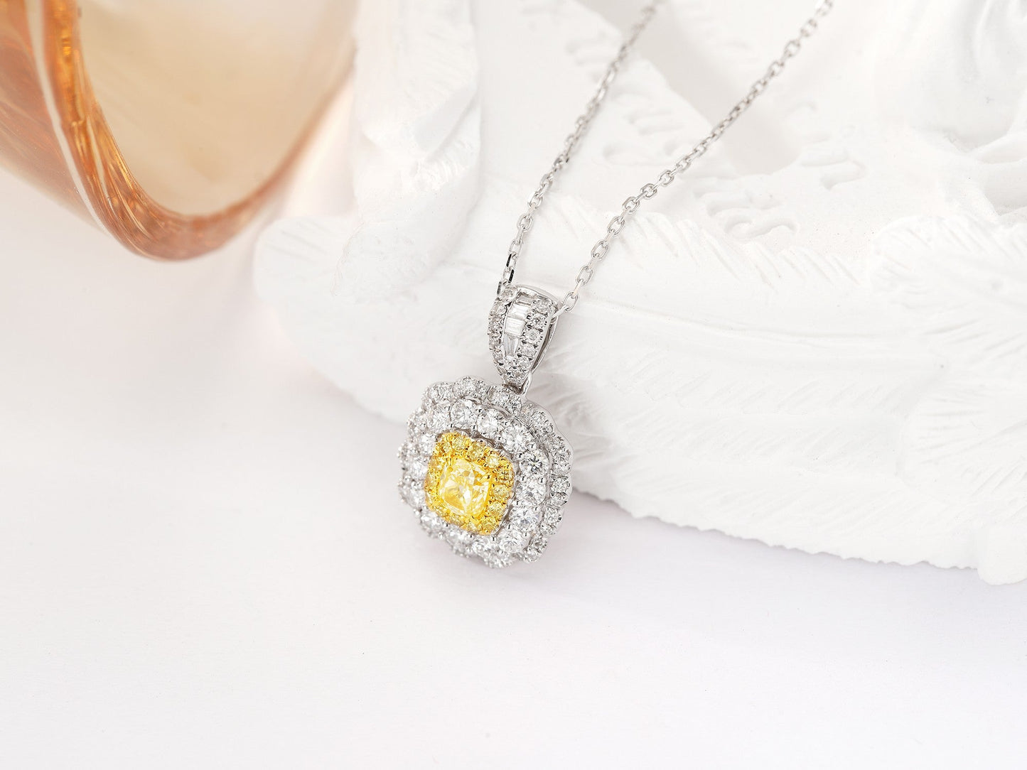 18K Yellow Gold Diamond Cushion-Shaped Double Halo Necklace - Yellow Diamond Necklace