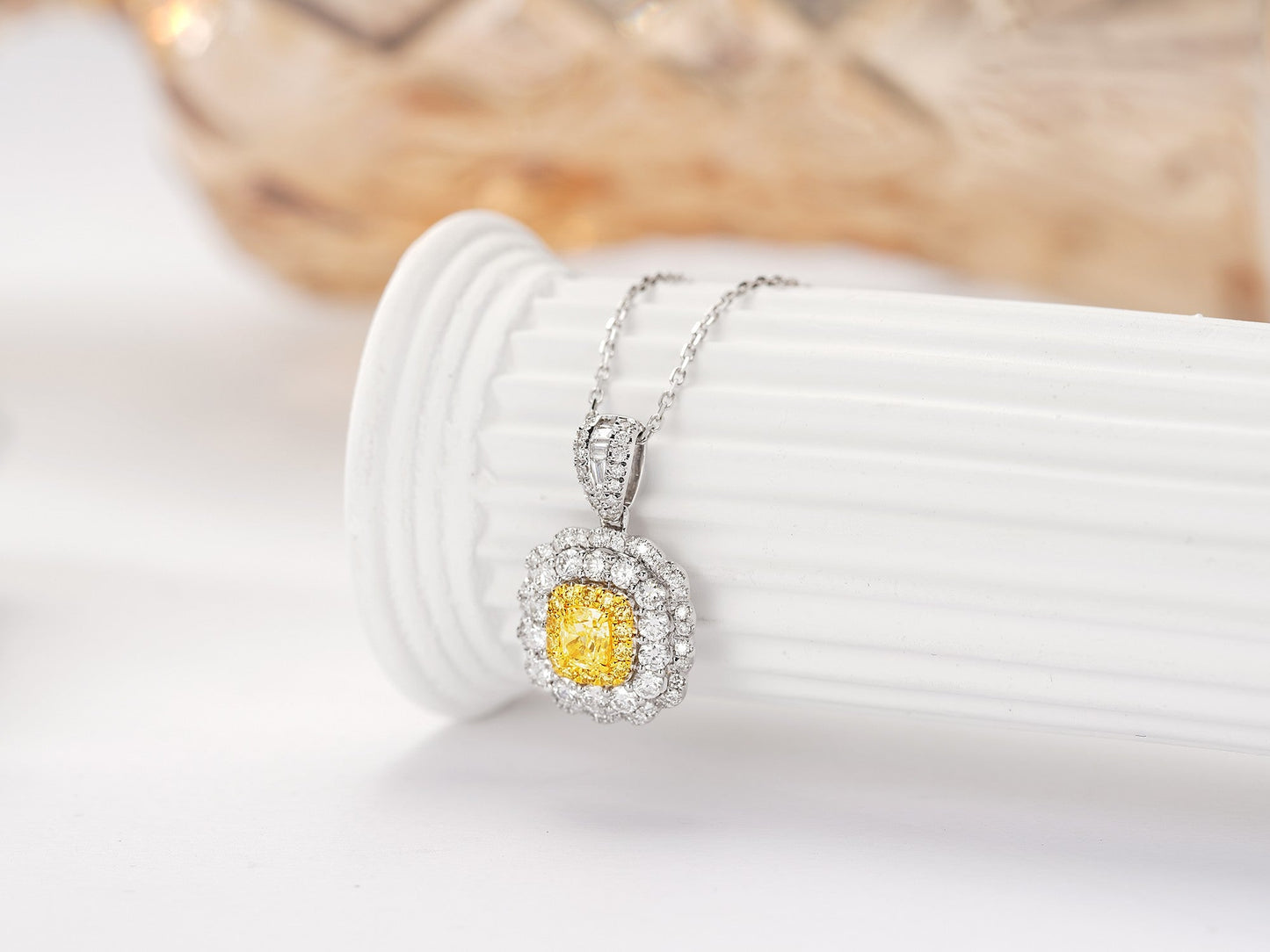 18K Yellow Gold Diamond Cushion-Shaped Double Halo Necklace - Yellow Diamond Necklace