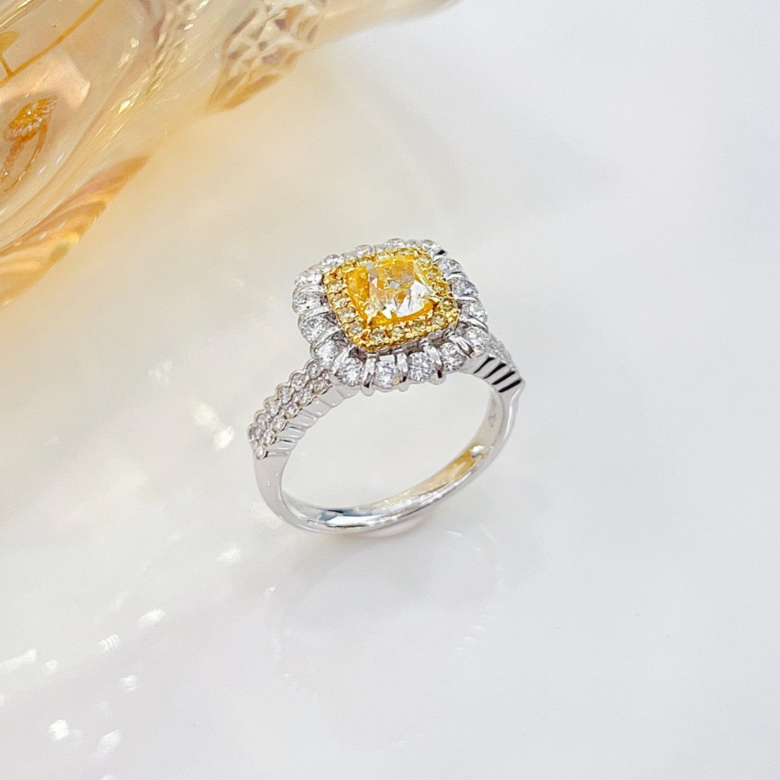 18K Yellow Gold Diamond Cushion-Shaped Double Row Round Arm Ring | Premium Jewelry - Yellow Diamond Ring