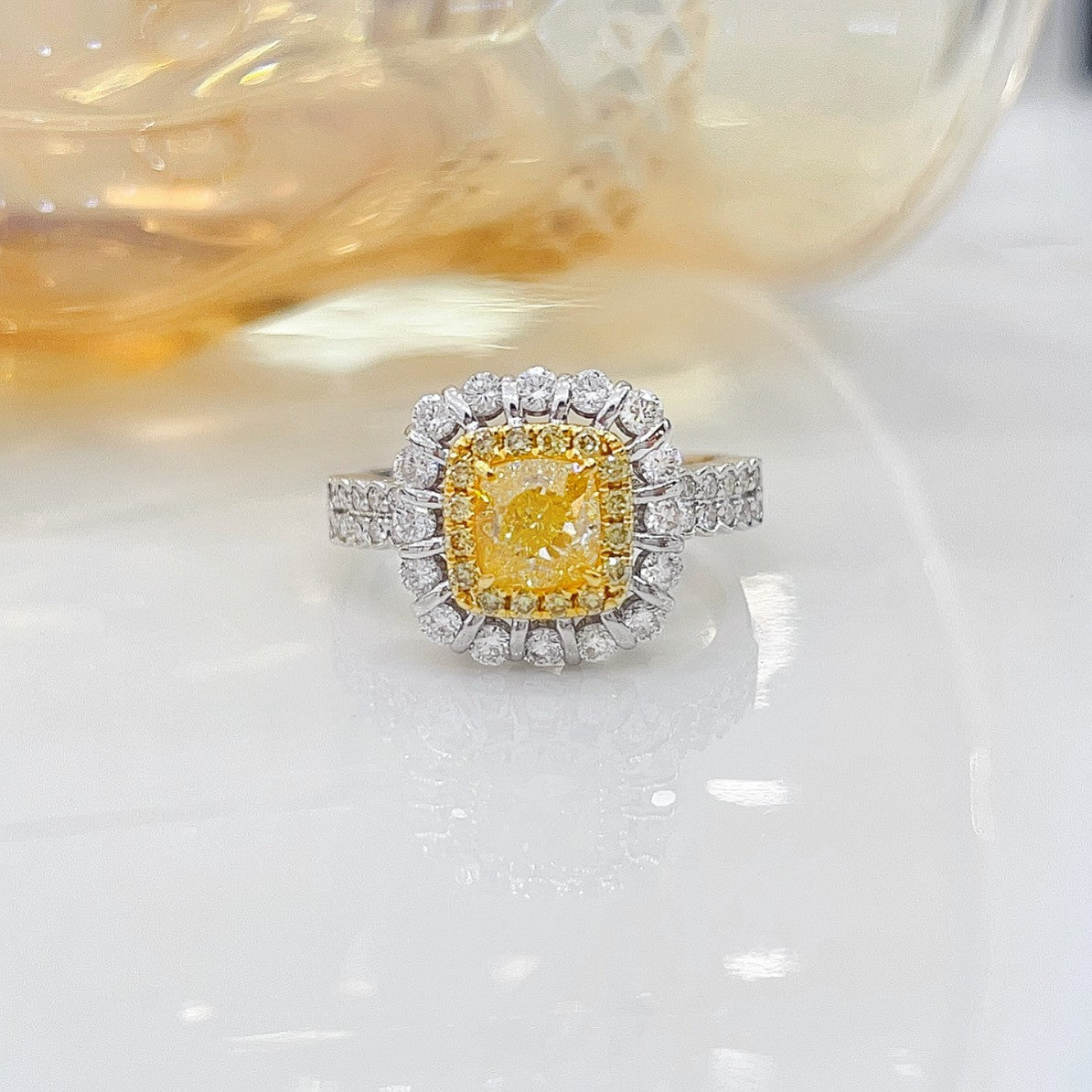 18K Yellow Gold Diamond Cushion-Shaped Double Row Round Arm Ring | Premium Jewelry - Yellow Diamond Ring