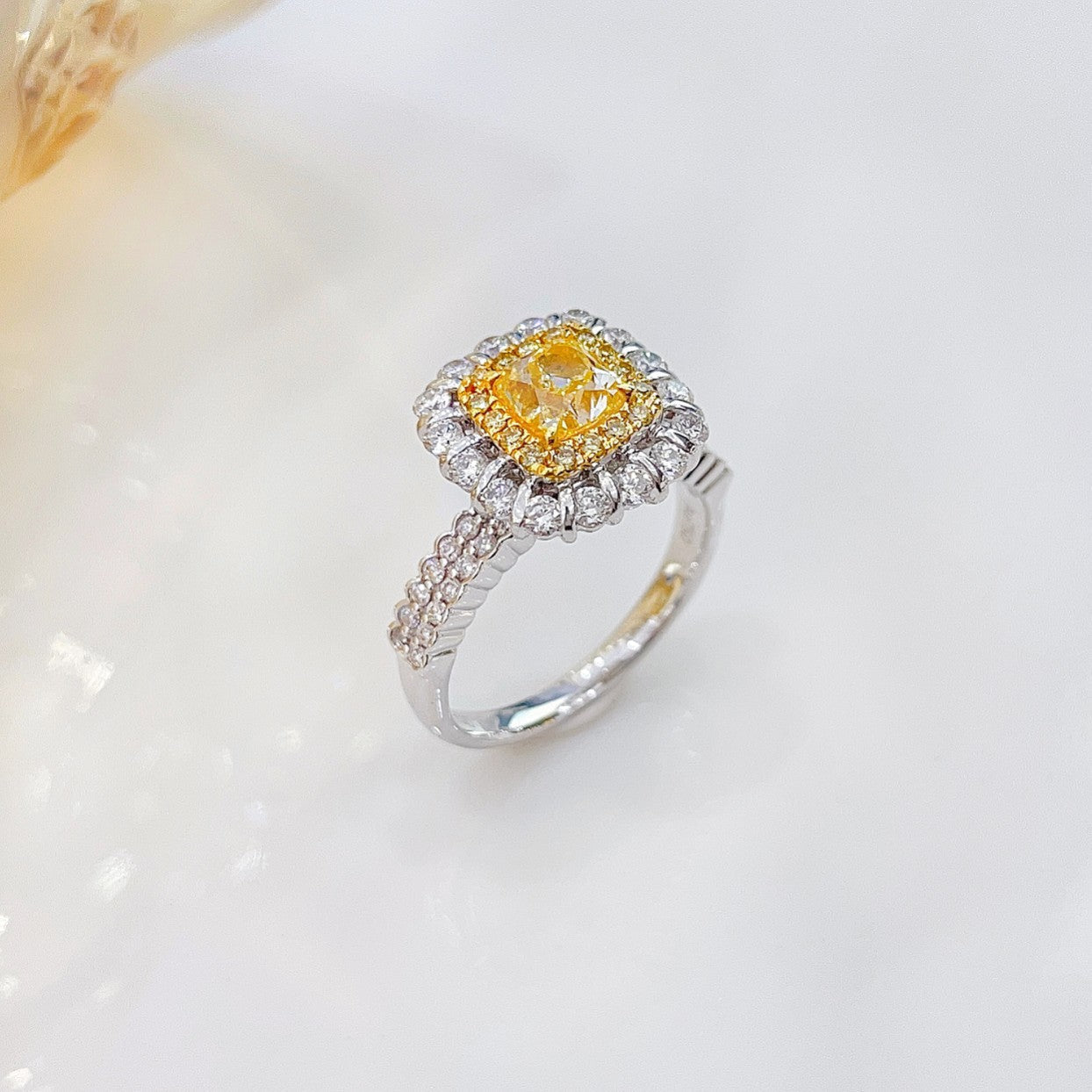 18K Yellow Gold Diamond Cushion-Shaped Double Row Round Arm Ring | Premium Jewelry - Yellow Diamond Ring