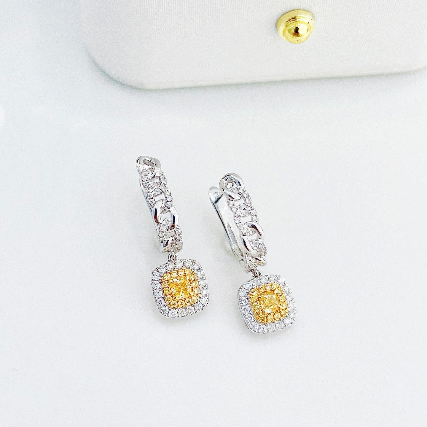 18K Yellow Gold Diamond Cushion-Shaped Halo Earrings - Luxurious Jewelry Jeweler.Jewelry