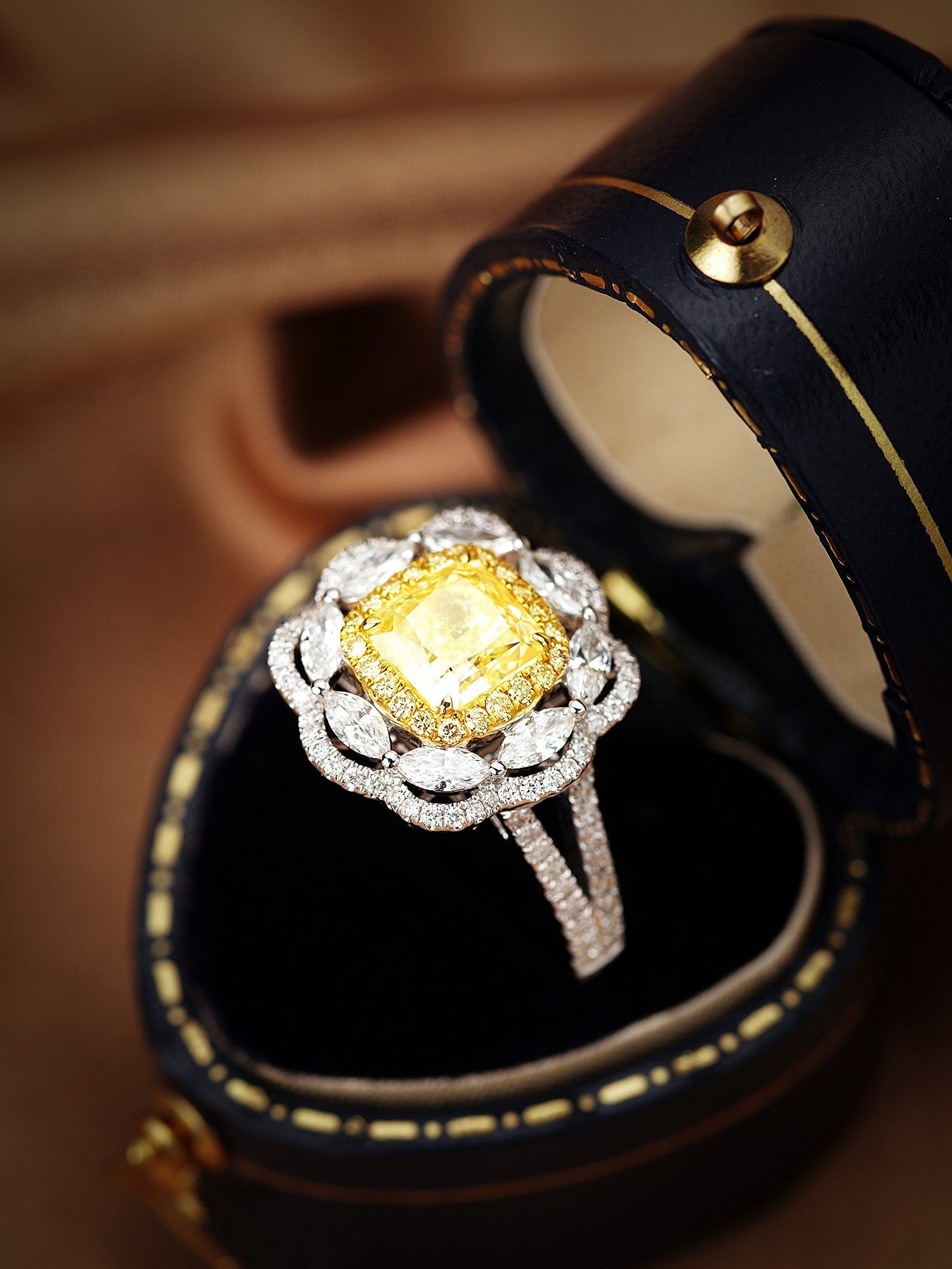 18K Yellow Gold Diamond Cushion-Shaped Halo Marquise Ring - Yellow Diamond Ring