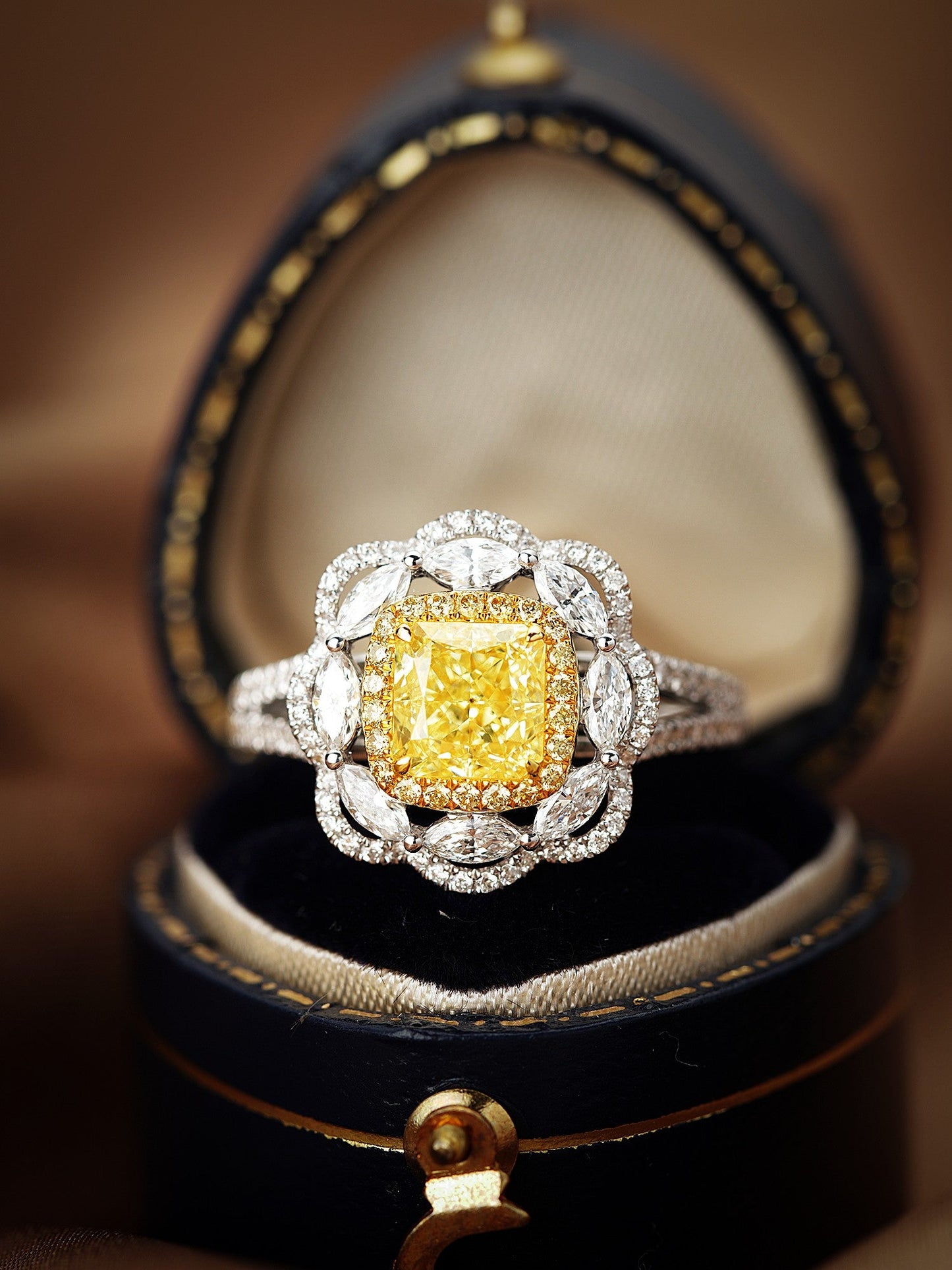 18K Yellow Gold Diamond Cushion-Shaped Halo Marquise Ring - Yellow Diamond Ring