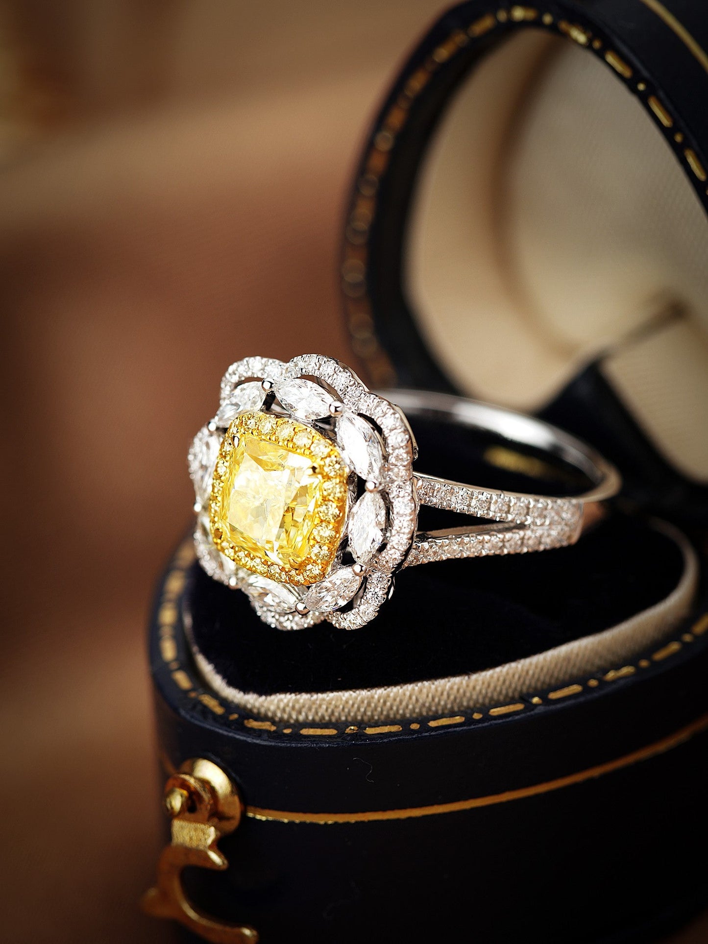 18K Yellow Gold Diamond Cushion-Shaped Halo Marquise Ring - Yellow Diamond Ring