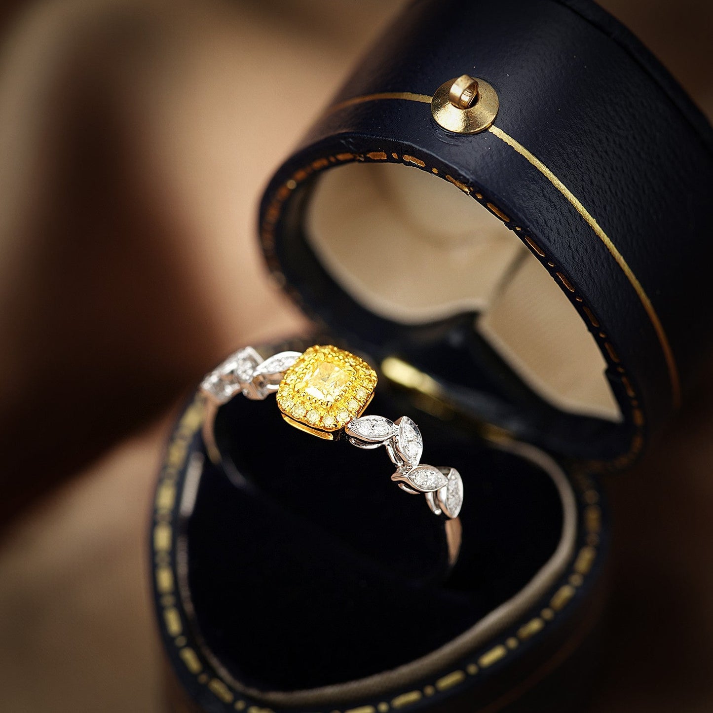 18k Yellow Gold Diamond Cushion-Shaped Halo Marquise Ring | Premium Jewelry - Yellow Diamond Ring