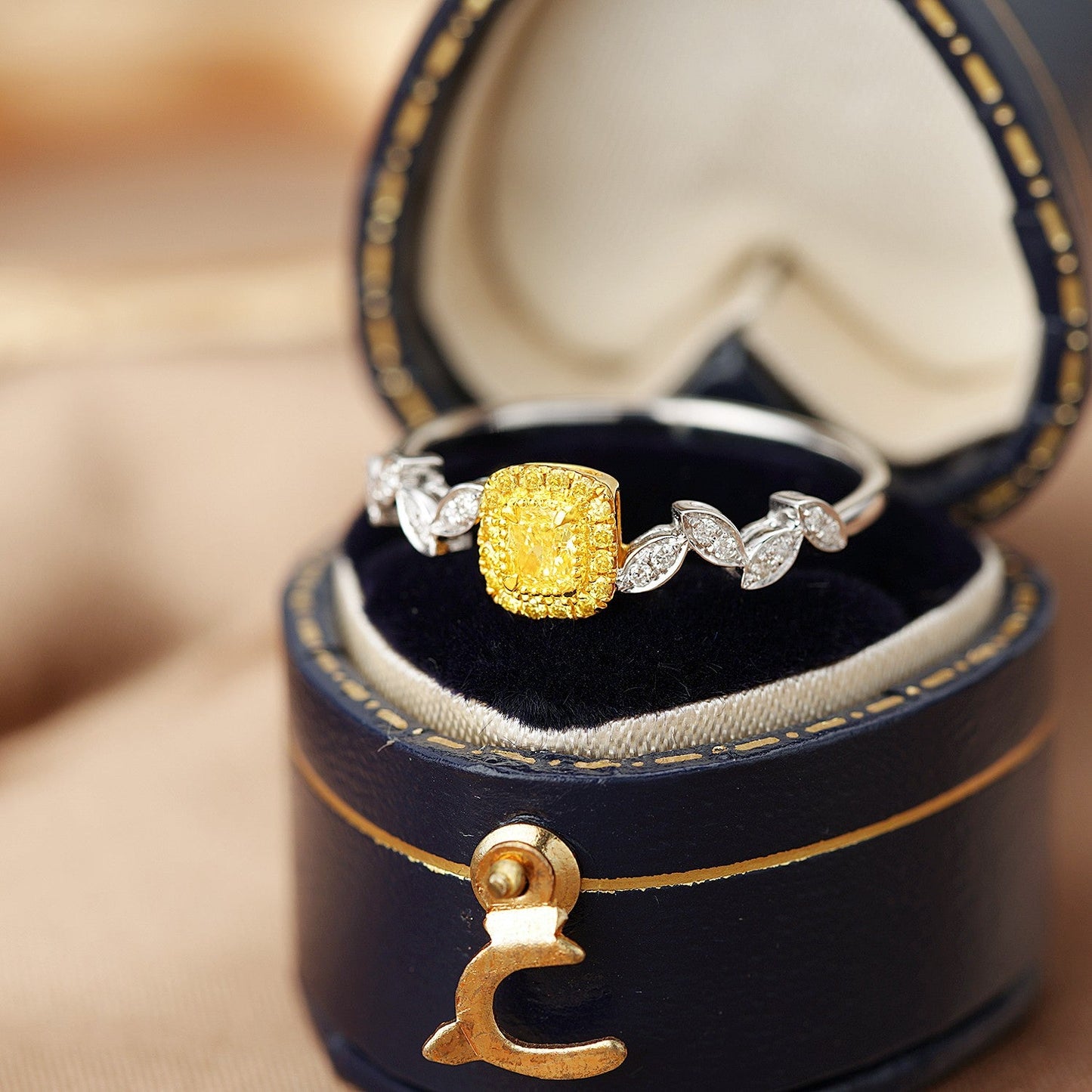 18k Yellow Gold Diamond Cushion-Shaped Halo Marquise Ring | Premium Jewelry - Yellow Diamond Ring