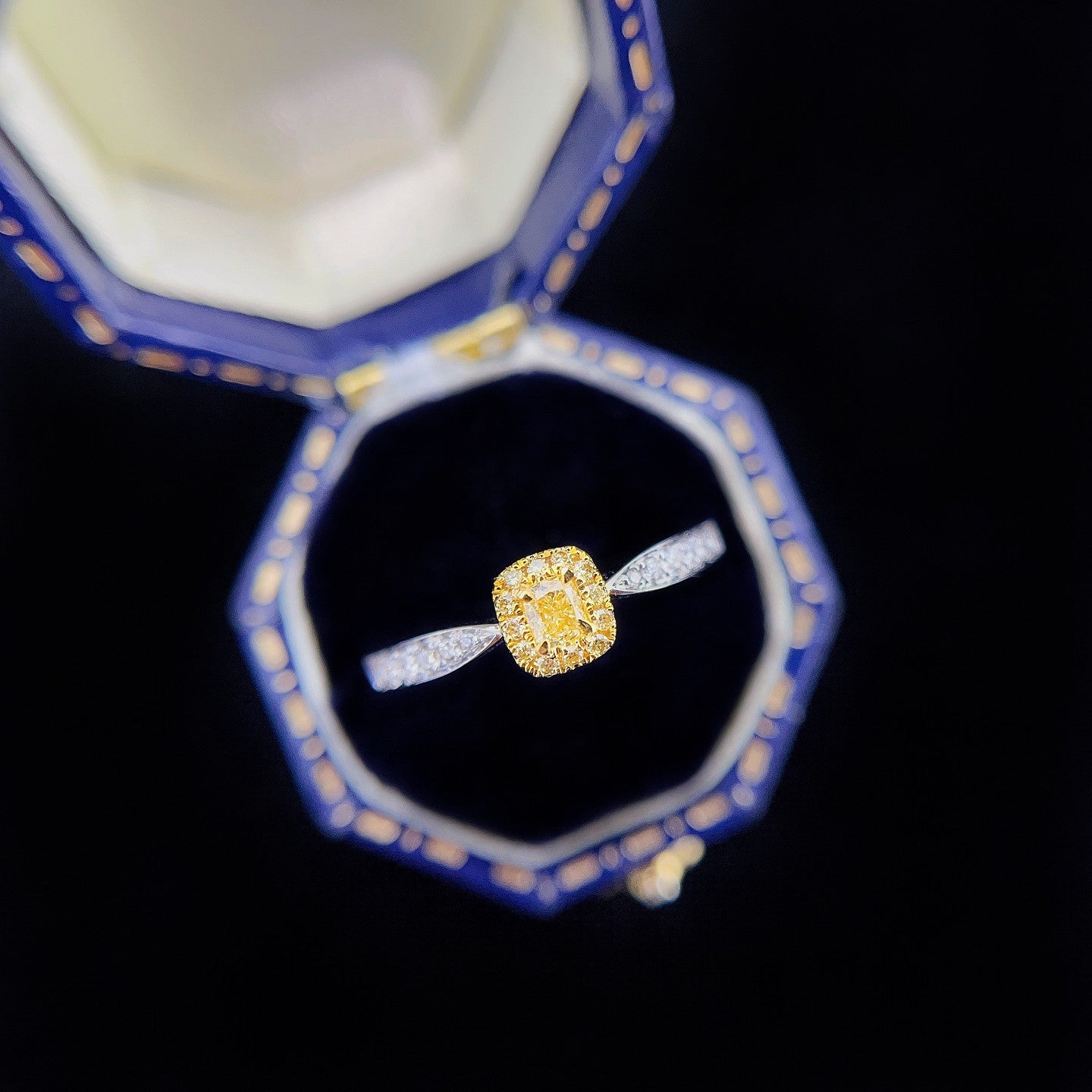 18K Yellow Gold Diamond Cushion-Shaped Halo Ring | Premium Jewelry - Yellow Diamond Ring