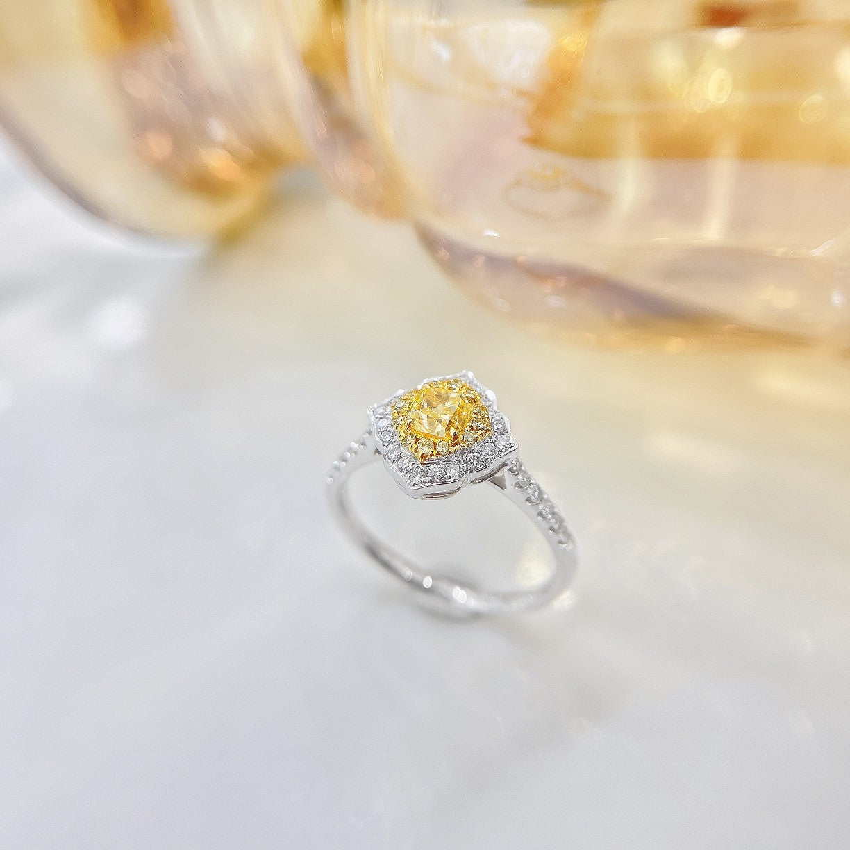 18K Yellow Gold Diamond Cushion-Shaped Halo Ring - Premium Jewelry - Yellow Diamond Ring