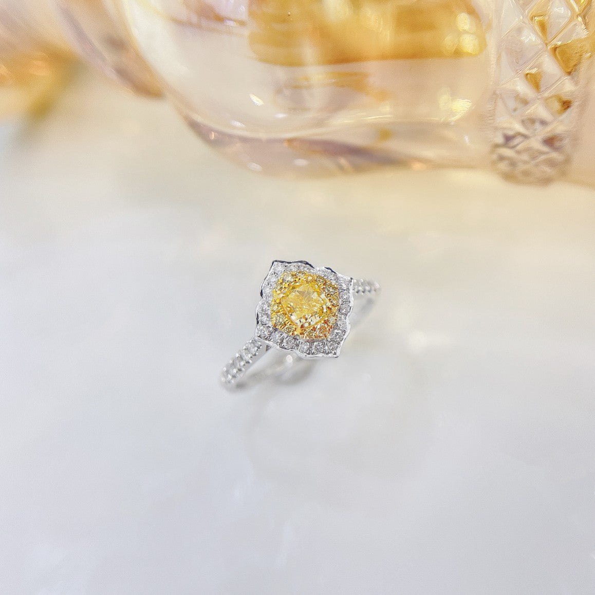 18K Yellow Gold Diamond Cushion-Shaped Halo Ring - Premium Jewelry - Yellow Diamond Ring