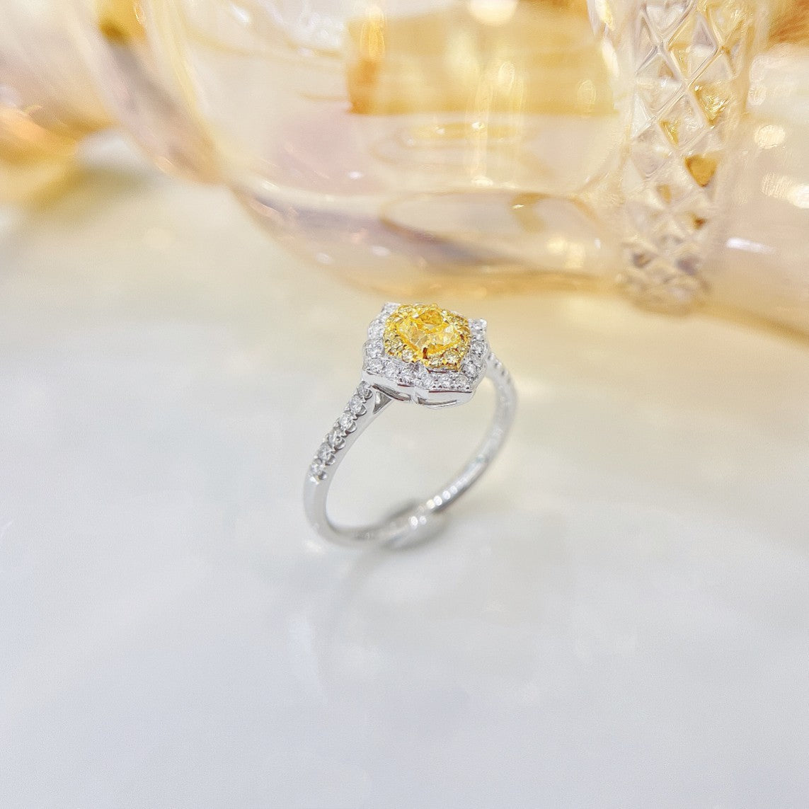 18K Yellow Gold Diamond Cushion-Shaped Halo Ring - Premium Jewelry - Yellow Diamond Ring