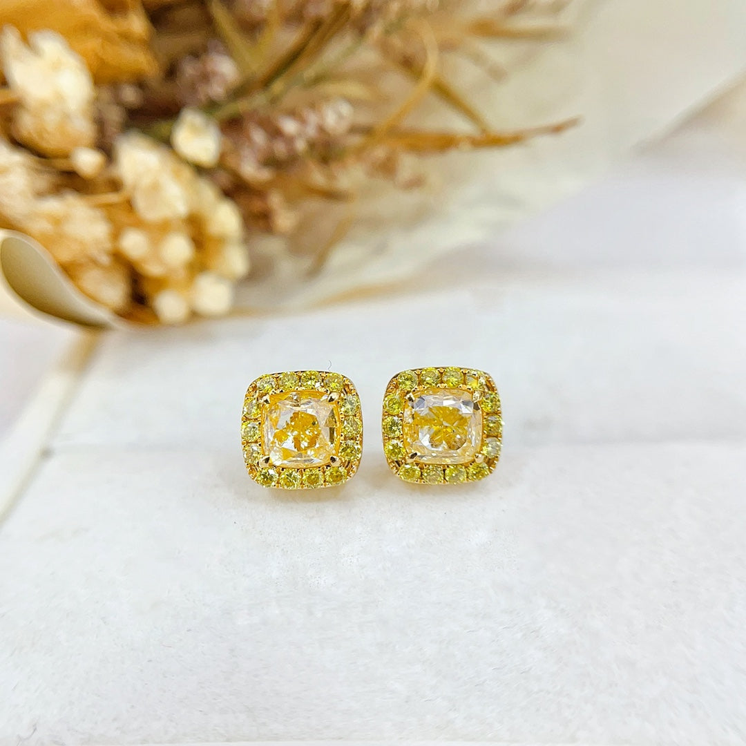 18K Yellow Gold Diamond Cushion-Shaped Halo Stud Earrings - Jeweler.Jewelry