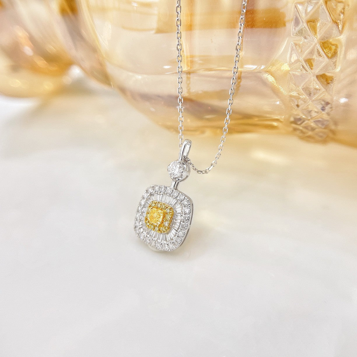 18K Yellow Gold Diamond Cushion-Shaped Pendant Necklace with Surrounding Stones | Jewelry - Yellow Diamond Necklace