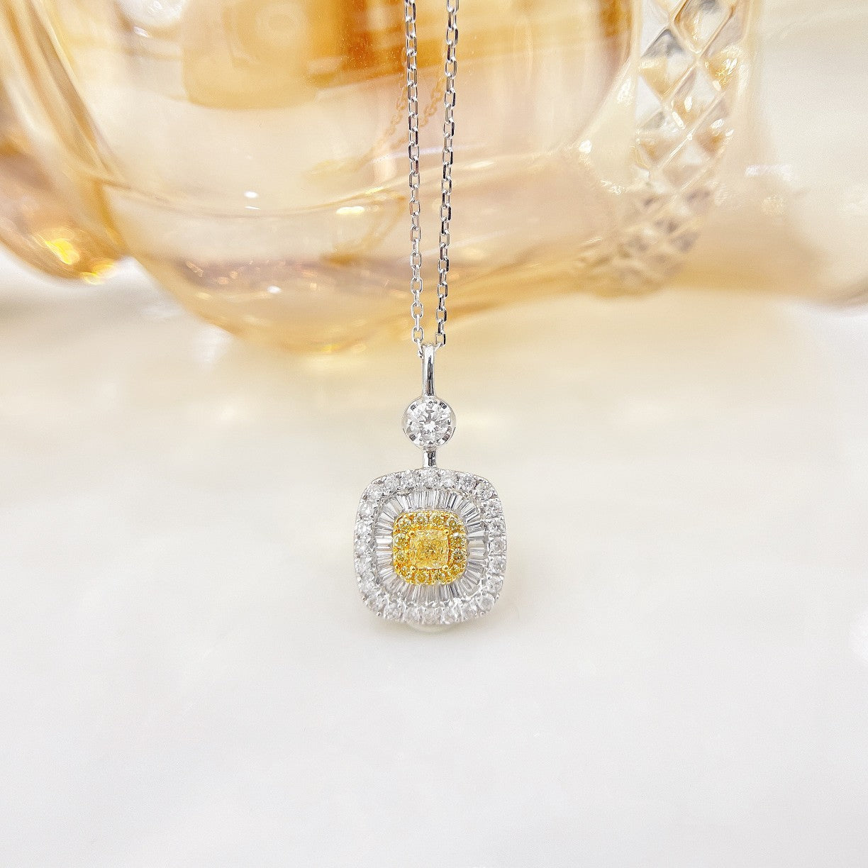 18K Yellow Gold Diamond Cushion-Shaped Pendant Necklace with Surrounding Stones | Jewelry - Yellow Diamond Necklace