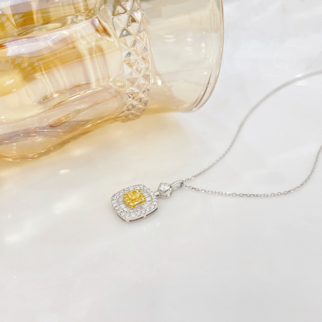 18K Yellow Gold Diamond Cushion-Shaped Pendant Necklace with Surrounding Stones | Jewelry - Yellow Diamond Necklace