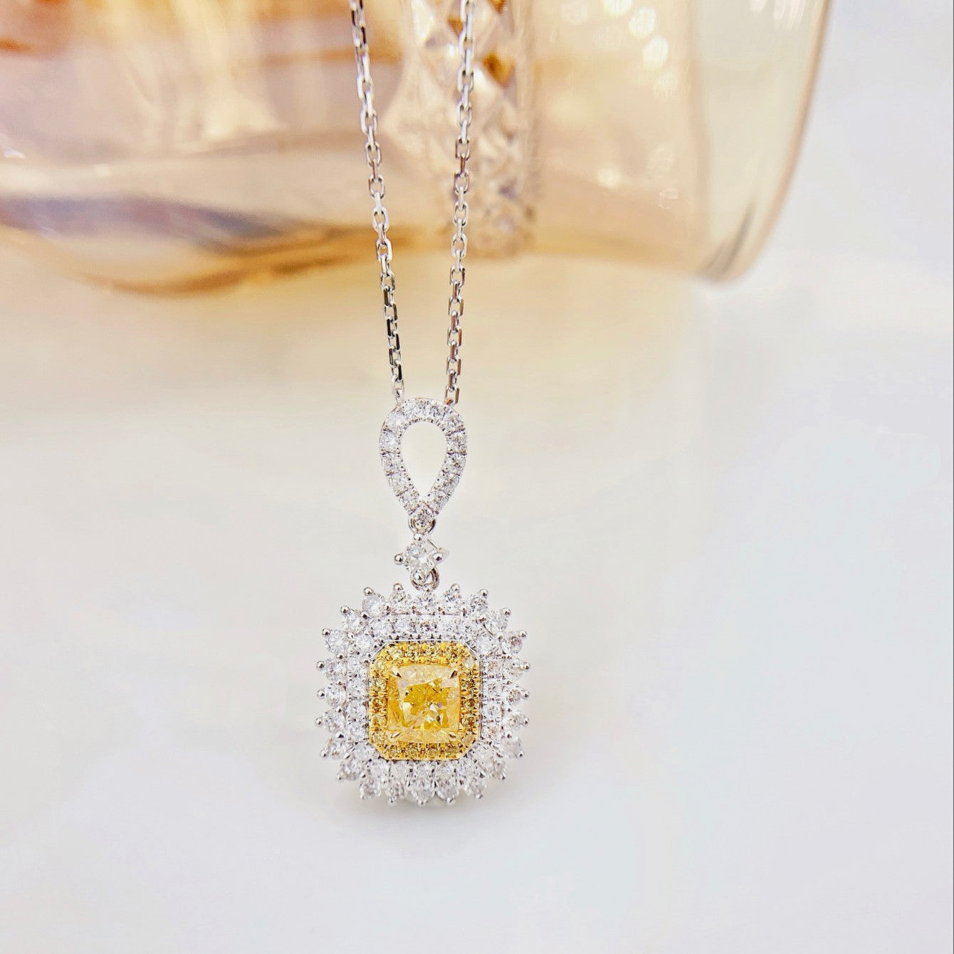 18K Yellow Gold Diamond Cushion-Shaped Pendant with Teardrop Clasp Necklace - Premium Jewelry - Yellow Diamond Necklace