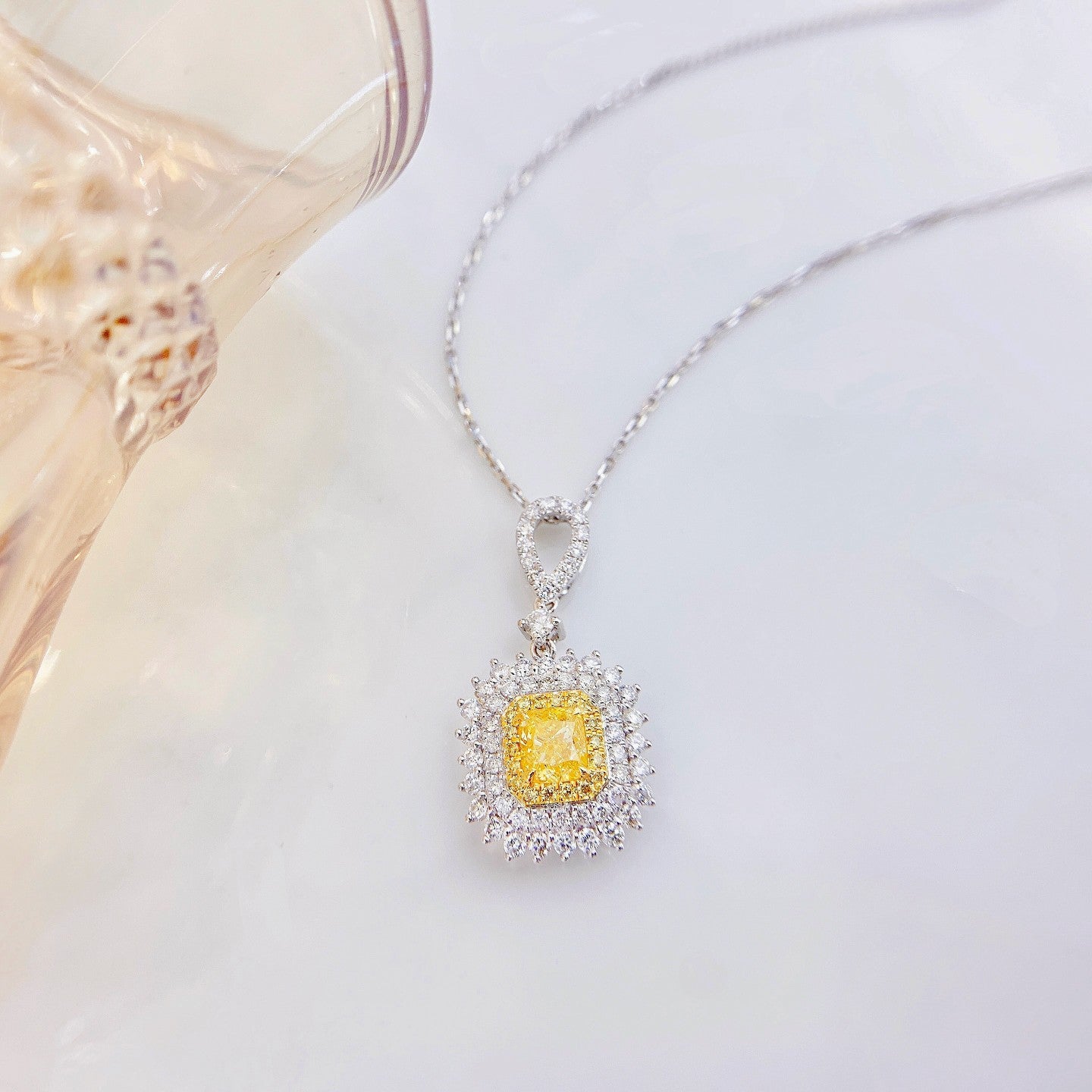 18K Yellow Gold Diamond Cushion-Shaped Pendant with Teardrop Clasp Necklace - Premium Jewelry - Yellow Diamond Necklace