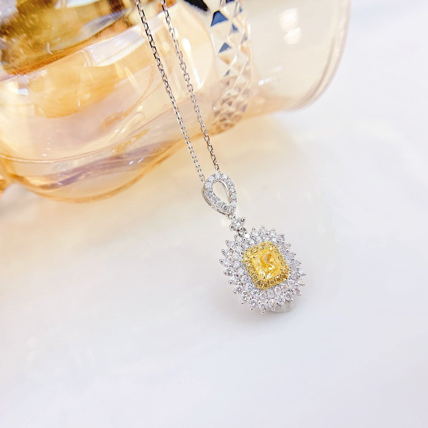 18K Yellow Gold Diamond Cushion-Shaped Pendant with Teardrop Clasp Necklace - Premium Jewelry - Yellow Diamond Necklace