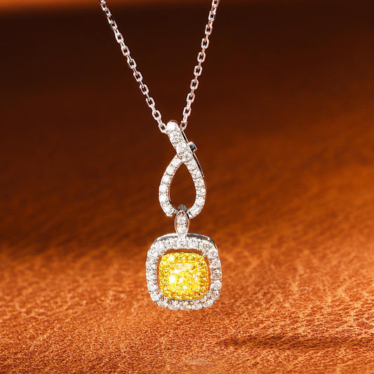 18K Yellow Gold Diamond Cushion-Shaped Six-Prong Setting Pendant Necklace - Yellow Diamond Necklace