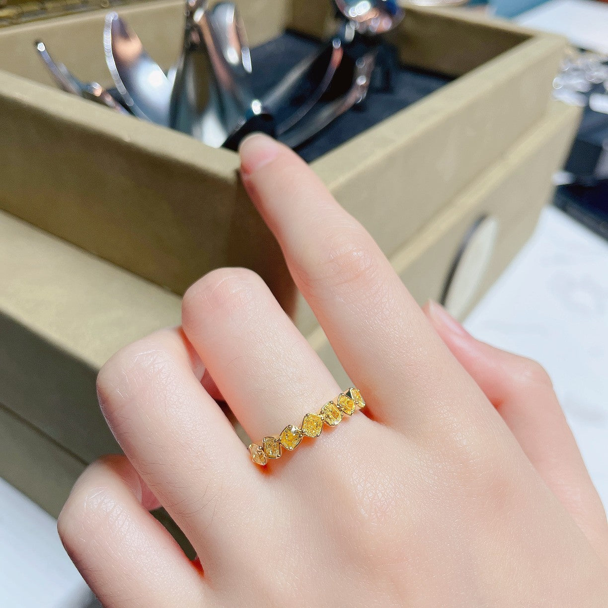 18K Yellow Gold Diamond Cushion-Shaped Unique Pavé Ring | Premium Jewelry - Yellow Diamond Ring