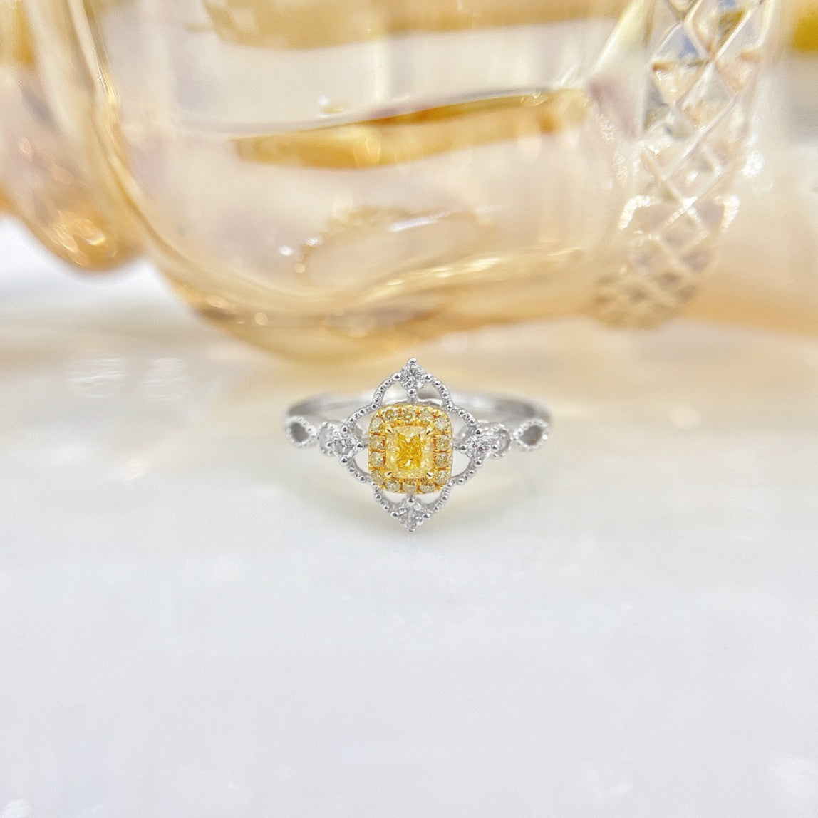 18K Yellow Gold Diamond Cushion-Shaped Vintage Beaded Edge Ring - Yellow Diamond Ring