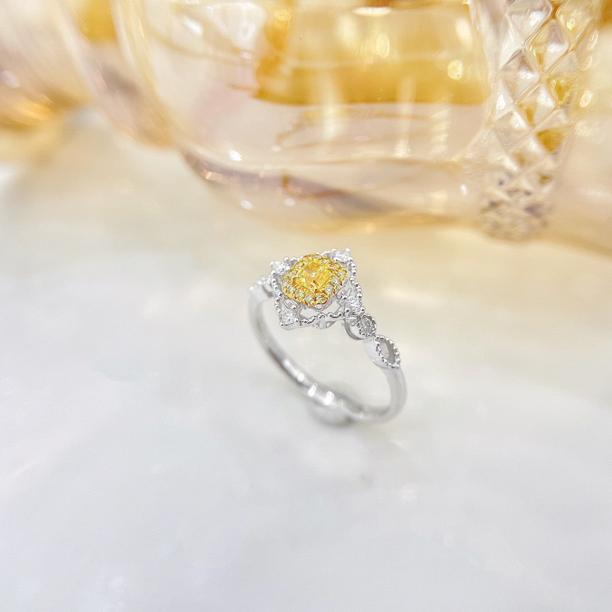 18K Yellow Gold Diamond Cushion-Shaped Vintage Beaded Edge Ring - Yellow Diamond Ring