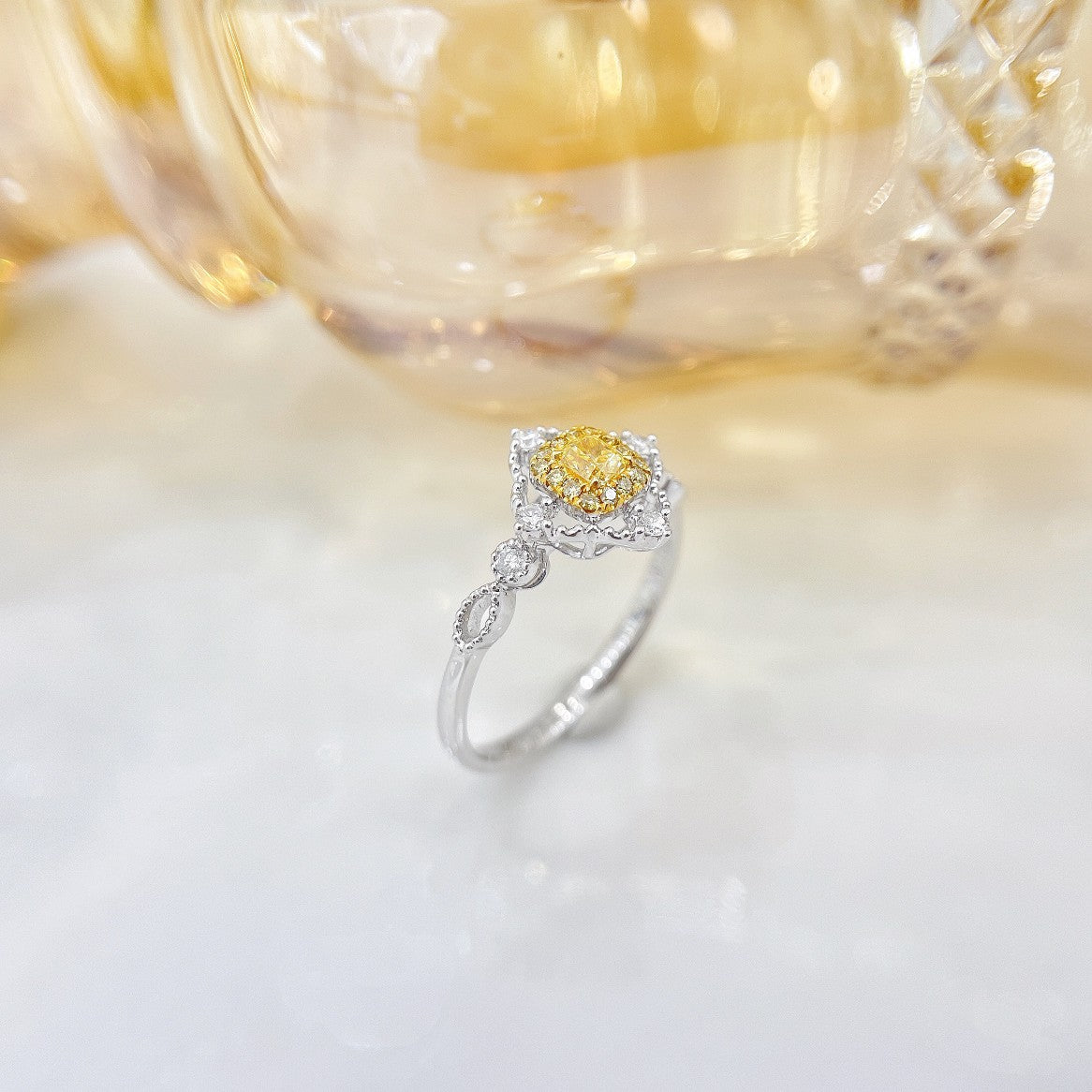 18K Yellow Gold Diamond Cushion-Shaped Vintage Beaded Edge Ring - Yellow Diamond Ring