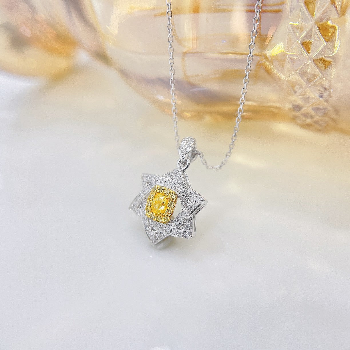 18K Yellow Gold Diamond Cushion Six-Pointed Star Pendant Necklace - Luxury Jewelry - Yellow Diamond Necklace