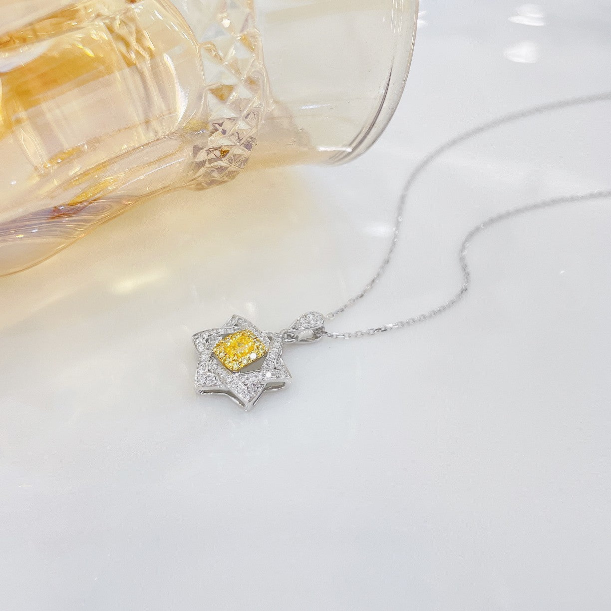 18K Yellow Gold Diamond Cushion Six-Pointed Star Pendant Necklace - Luxury Jewelry - Yellow Diamond Necklace