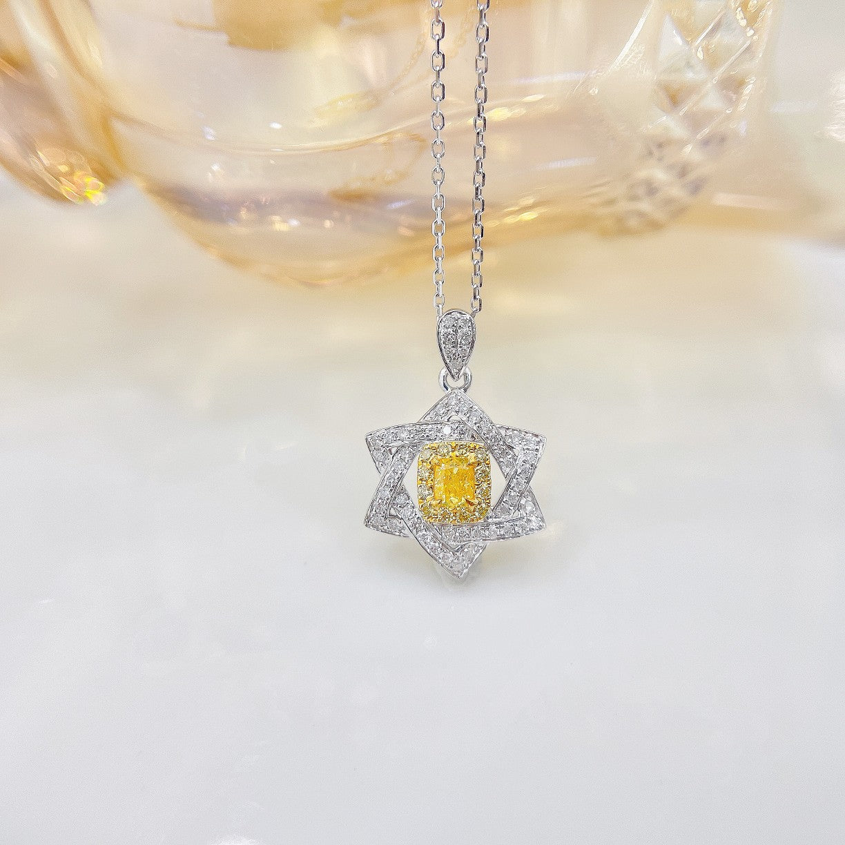 18K Yellow Gold Diamond Cushion Six-Pointed Star Pendant Necklace - Luxury Jewelry - Yellow Diamond Necklace