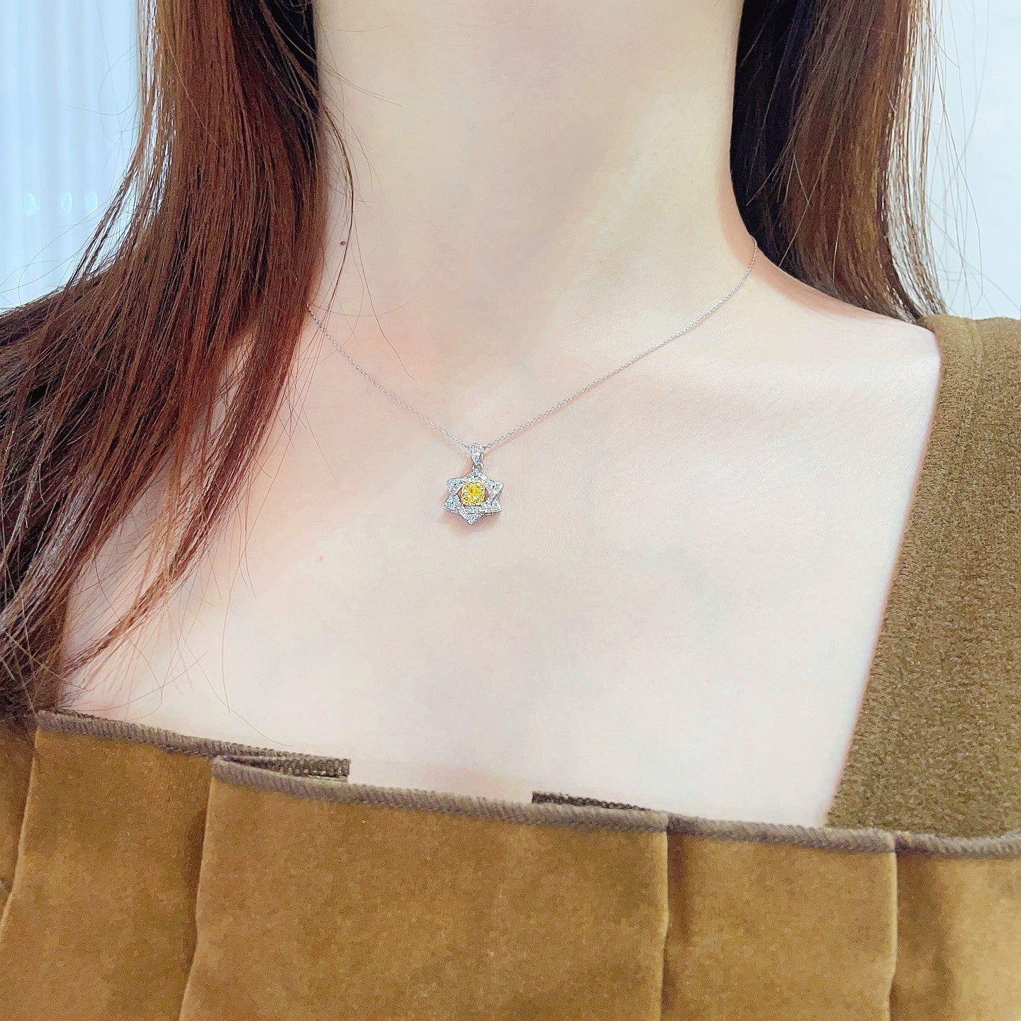 18K Yellow Gold Diamond Cushion Six-Pointed Star Pendant Necklace - Luxury Jewelry - Yellow Diamond Necklace