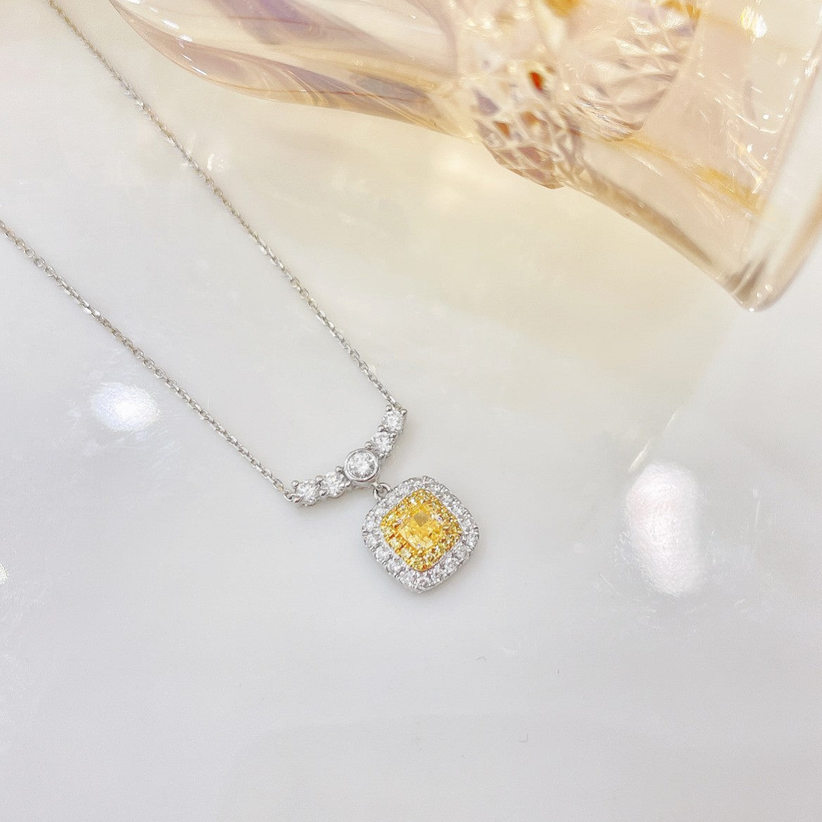 18K Yellow Gold Diamond Cushion Smile Bubble Necklace - XL053-Y - Yellow Diamond Necklace