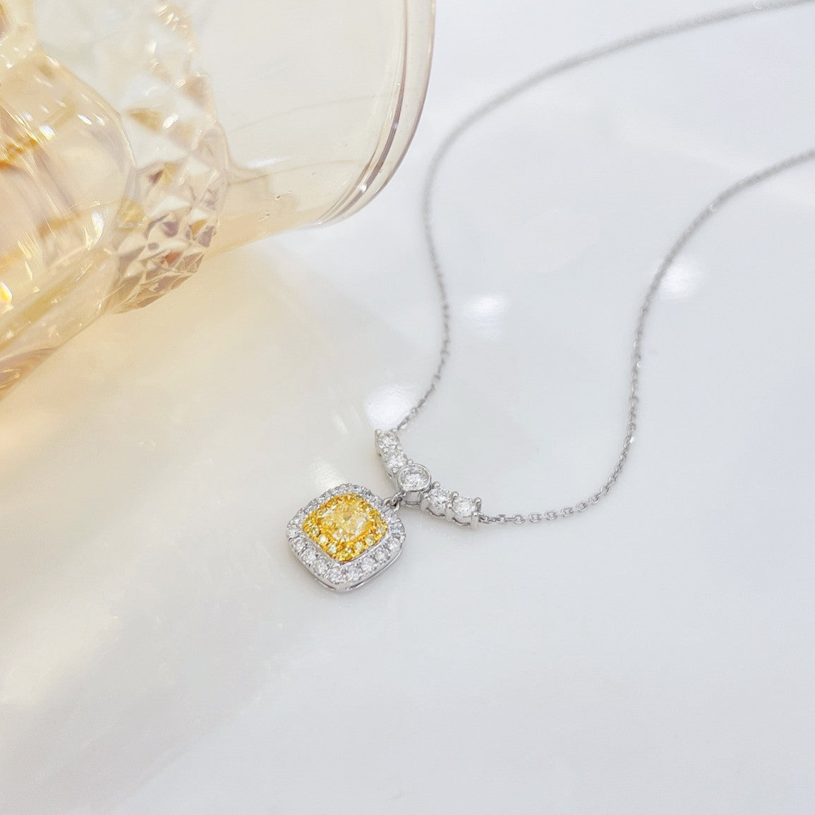 18K Yellow Gold Diamond Cushion Smile Bubble Necklace - XL053-Y - Yellow Diamond Necklace