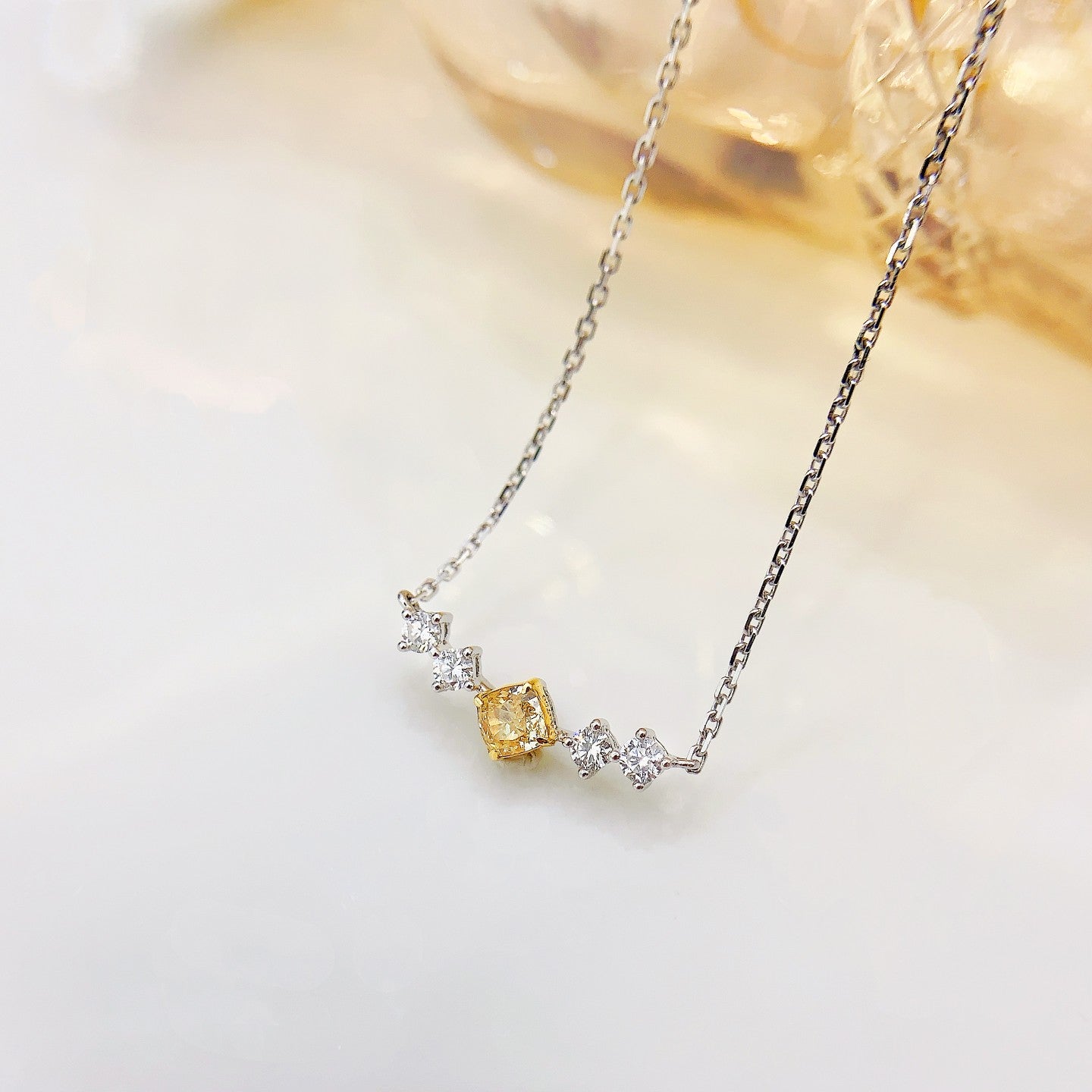 18K Yellow Gold Diamond Cushion Smile Necklace - Elegant Jewelry Piece - Yellow Diamond Necklace