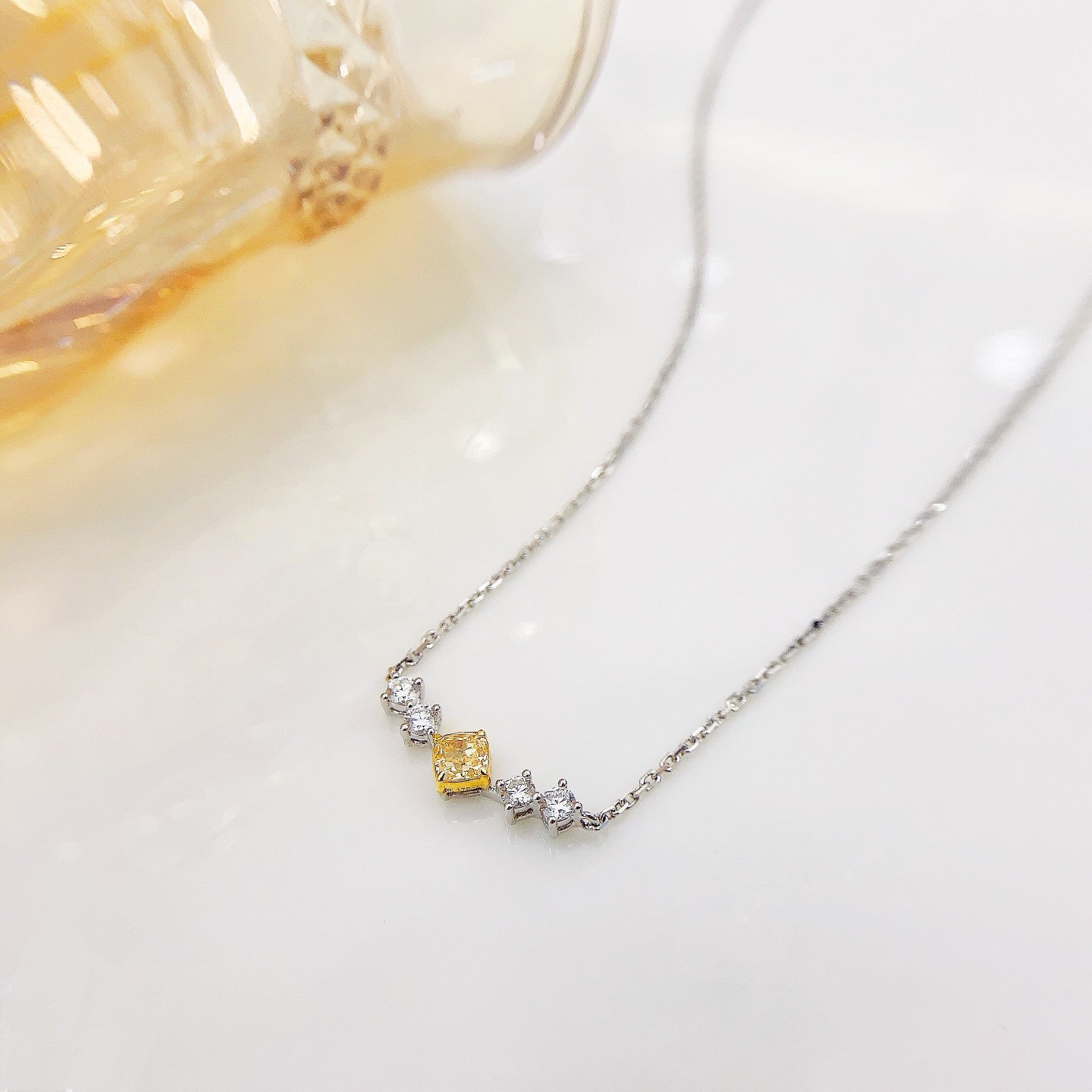 18K Yellow Gold Diamond Cushion Smile Necklace - Elegant Jewelry Piece - Yellow Diamond Necklace