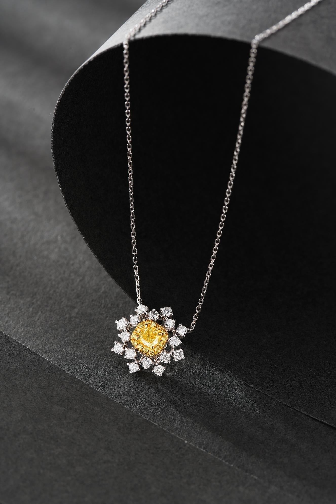 18K Yellow Gold Diamond Cushion Snowflake Necklace - Luxury Jewelry - Yellow Diamond Necklace