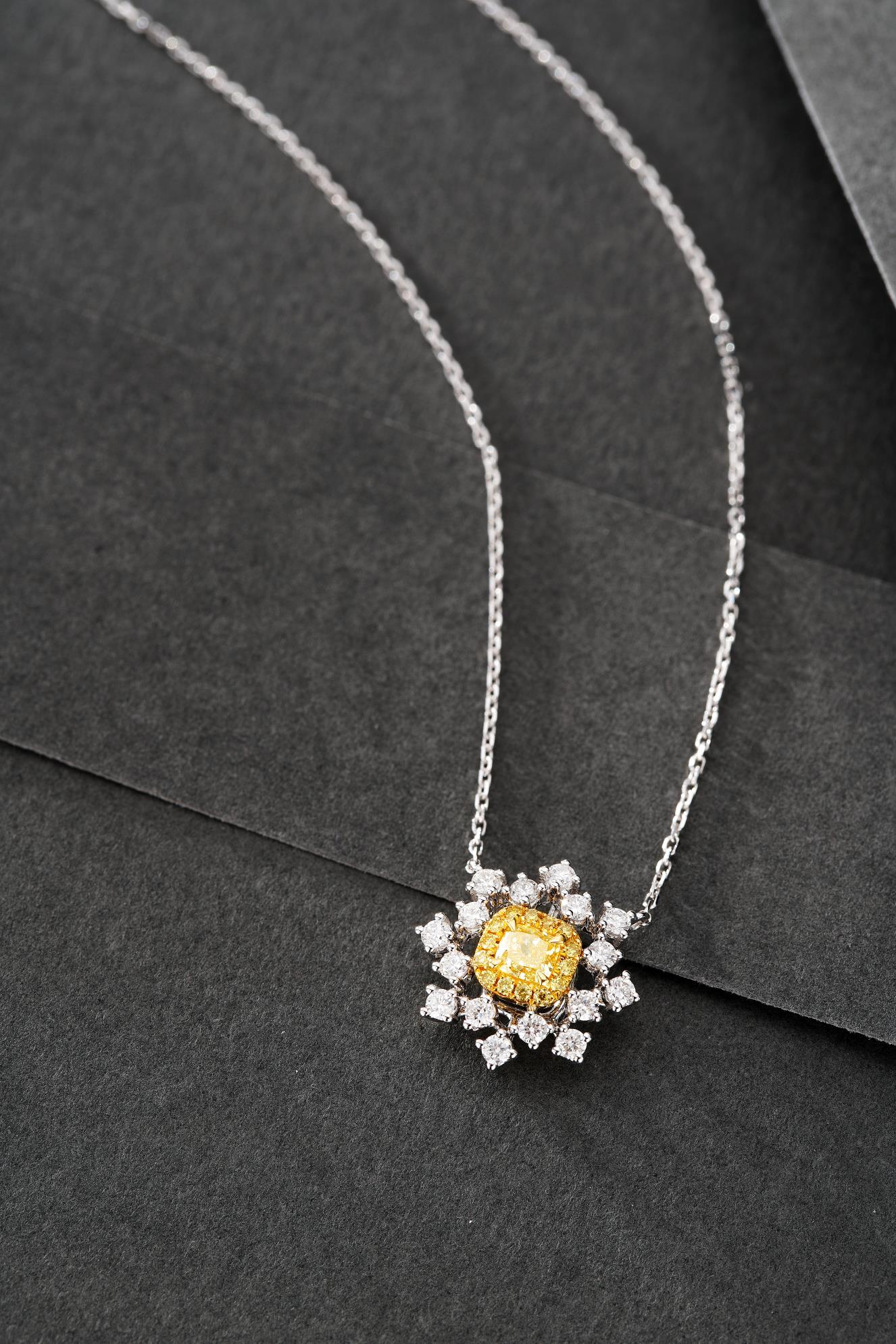 18K Yellow Gold Diamond Cushion Snowflake Necklace - Luxury Jewelry - Yellow Diamond Necklace