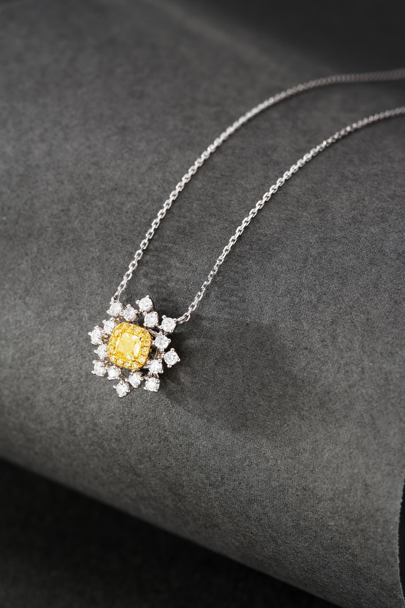 18K Yellow Gold Diamond Cushion Snowflake Necklace - Luxury Jewelry - Yellow Diamond Necklace