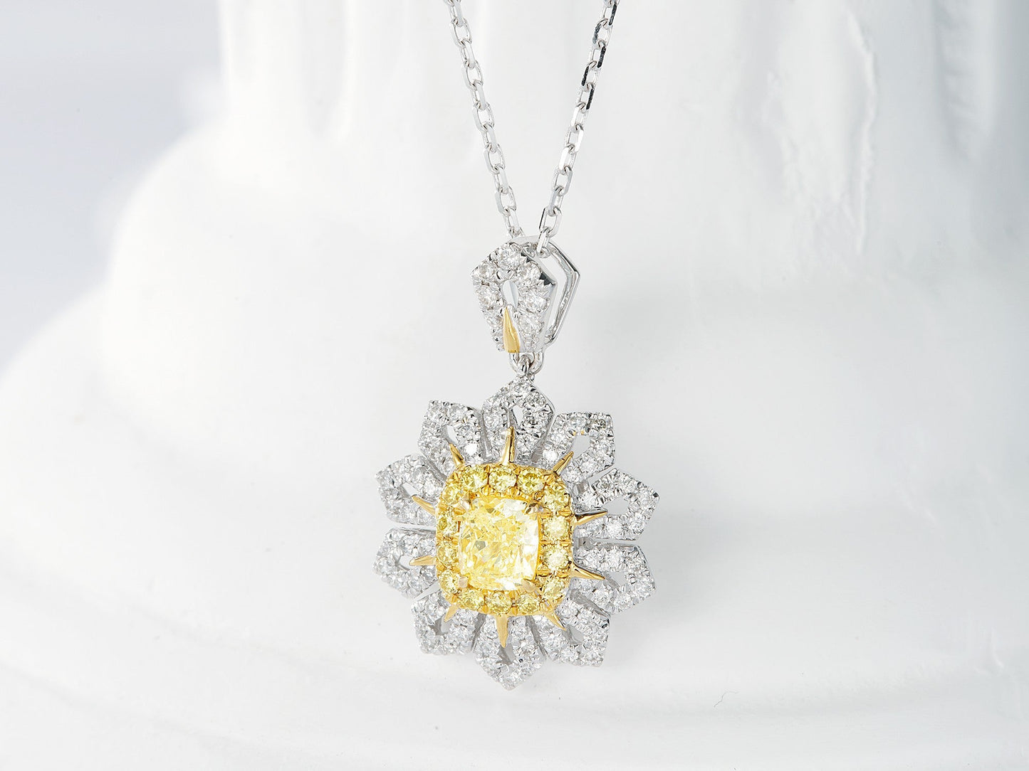 18K Yellow Gold Diamond Cushion Sunflower Necklace - Yellow Diamond Necklace