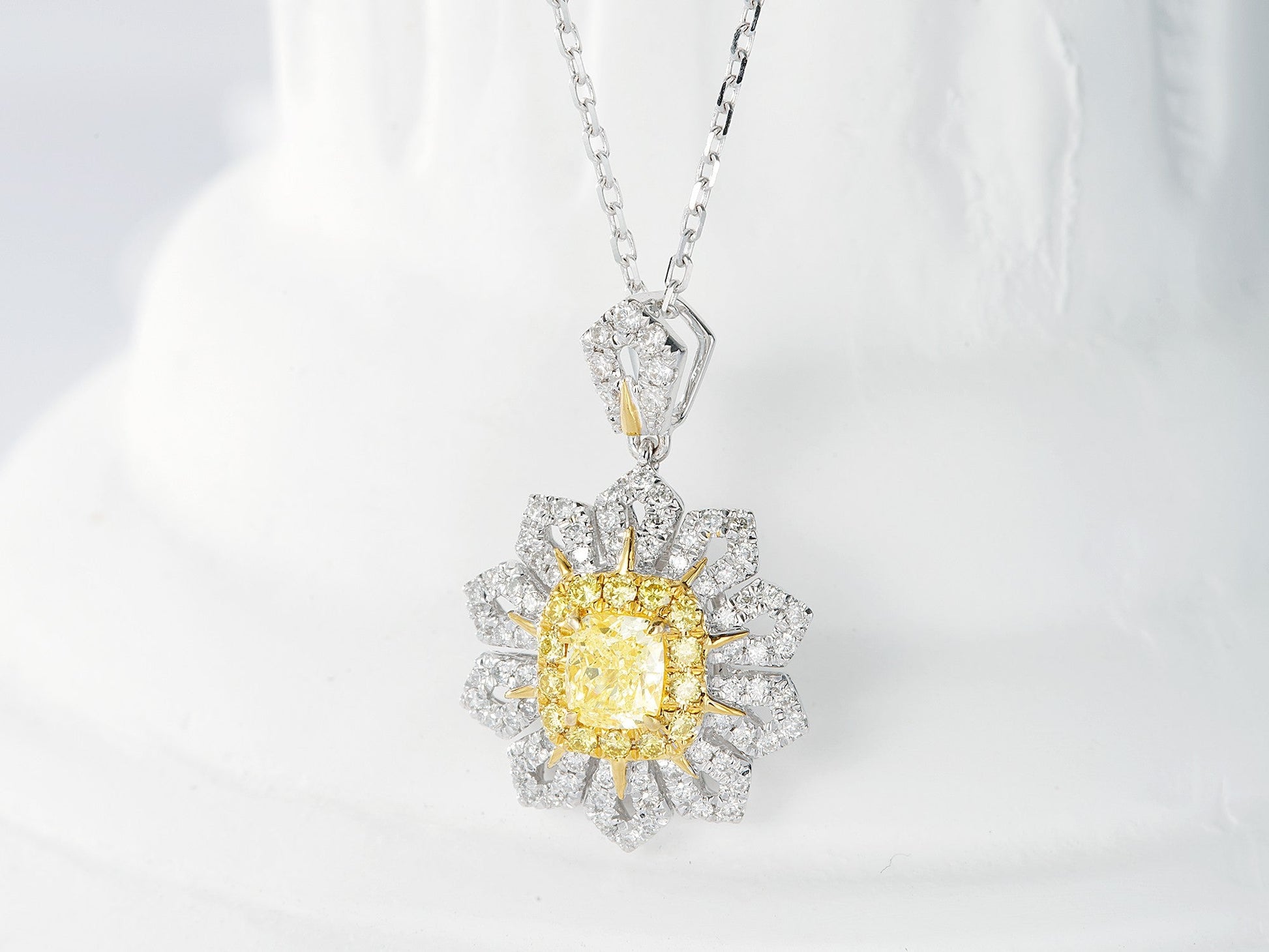 18K Yellow Gold Diamond Cushion Sunflower Necklace - Yellow Diamond Necklace