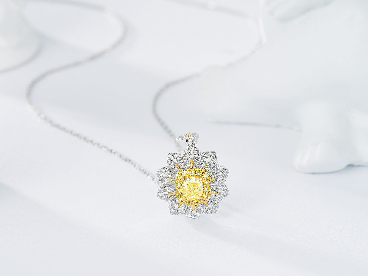 18K Yellow Gold Diamond Cushion Sunflower Necklace - Yellow Diamond Necklace