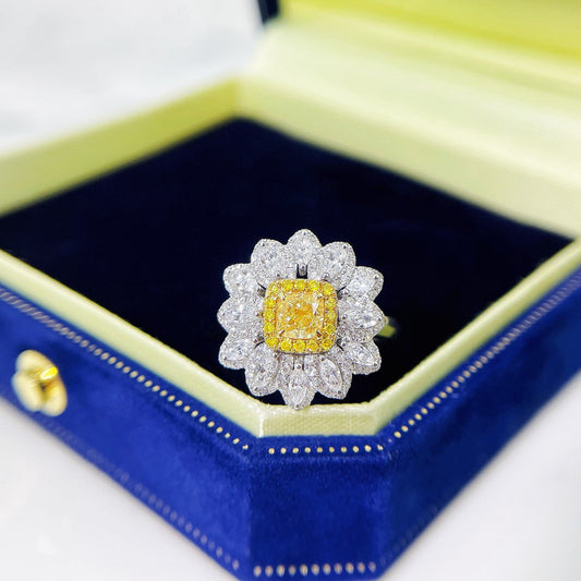 18K Yellow Gold Diamond Cushion Sunflower Ring - Exquisite Jewelry - Yellow Diamond Ring