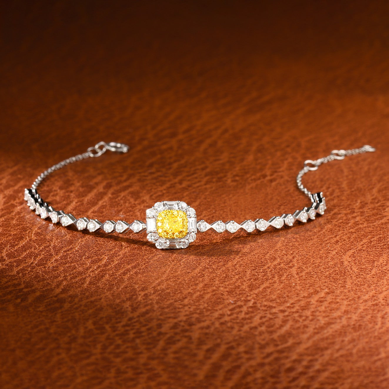 18K Yellow Gold Diamond Cushion Trapezoid & Leak Sand Bracelet - Luxurious Jewelry - Yellow Diamond Bracelet