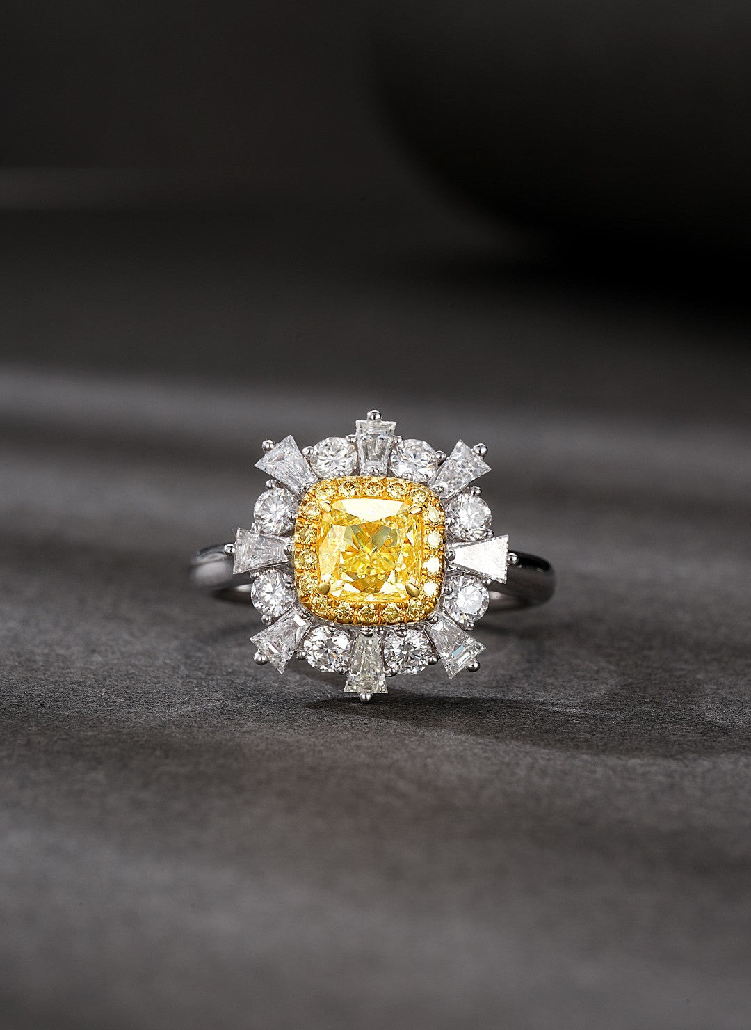 18K Yellow Gold Diamond Cushion Trapezoid Ring - Premium Jewelry - Yellow Diamond Ring