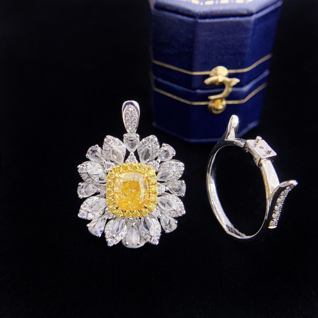 18K Yellow Gold Diamond Daisy Pendant/Ring Two-Way Wear Jewelry - Yellow Diamond Ring